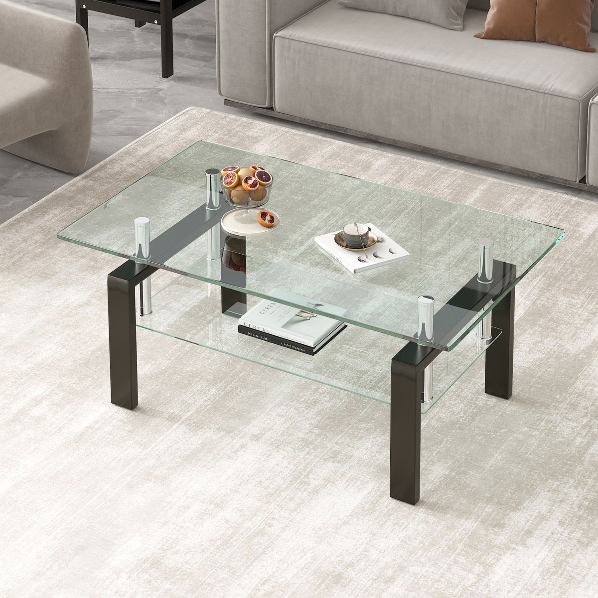 Tempered Clear Glass Coffee Table, 2-Layers Coffee Table Living Room Center Table - Black