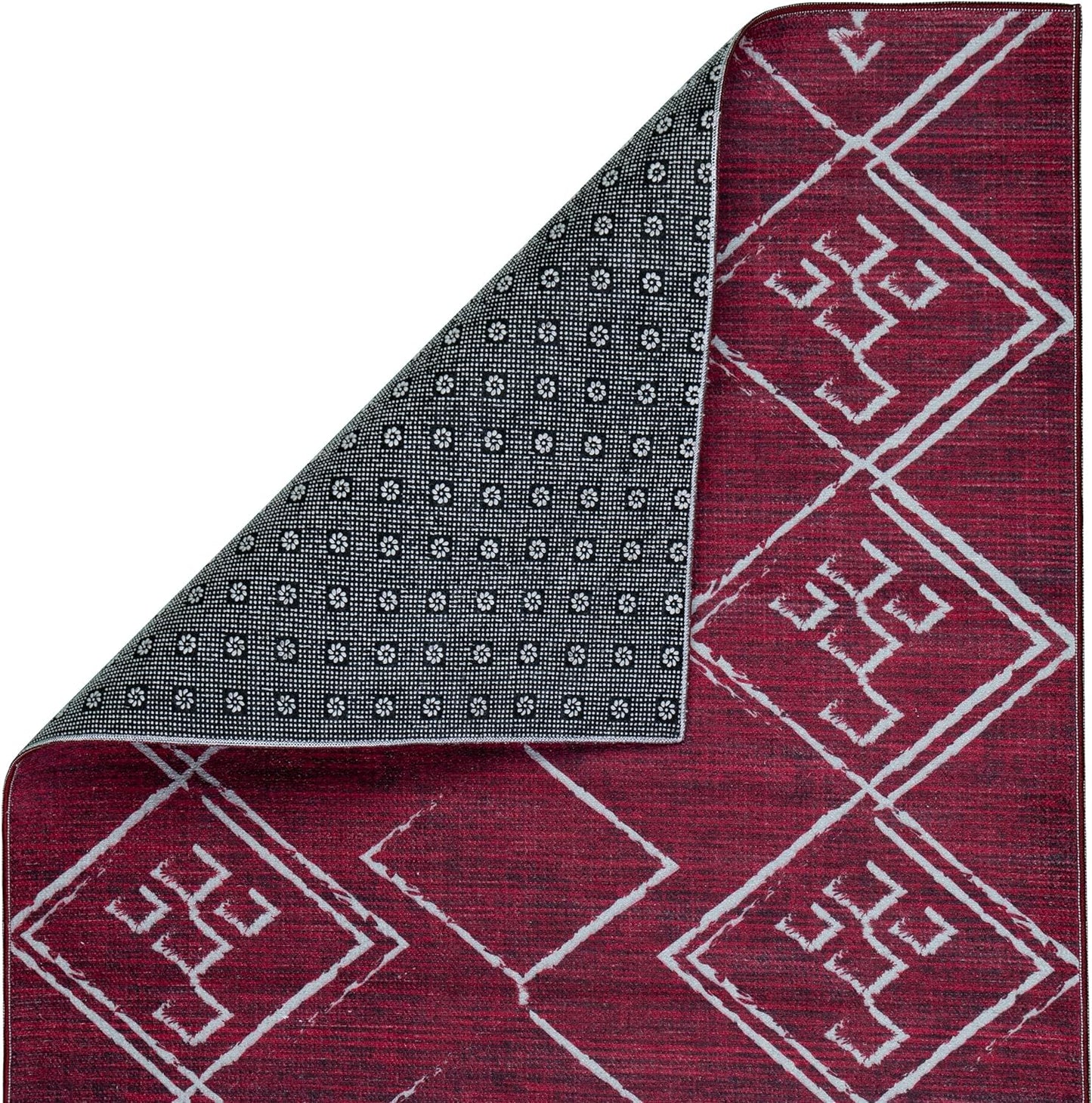 Playa Rug Machine Washable Area Rug With Non Slip Backing - Stain Resistant - Eco Friendly - Family and Pet Friendly - Aspen Tribal Moroccan Bohemian Burgundy&Creme Design