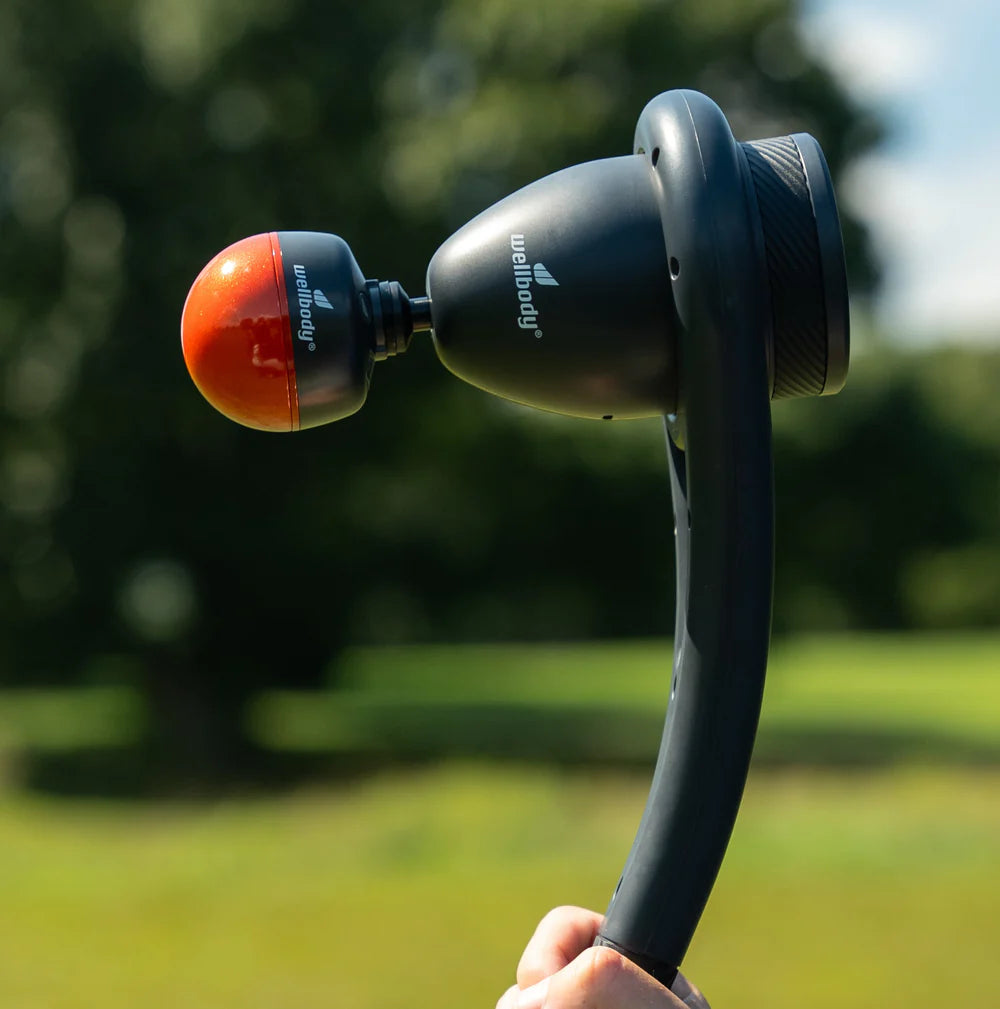 WellBody® WingSpan, a mini percussion massage device with HeatBall, detacheable extended handle, performance carry bag and 3 tip options.