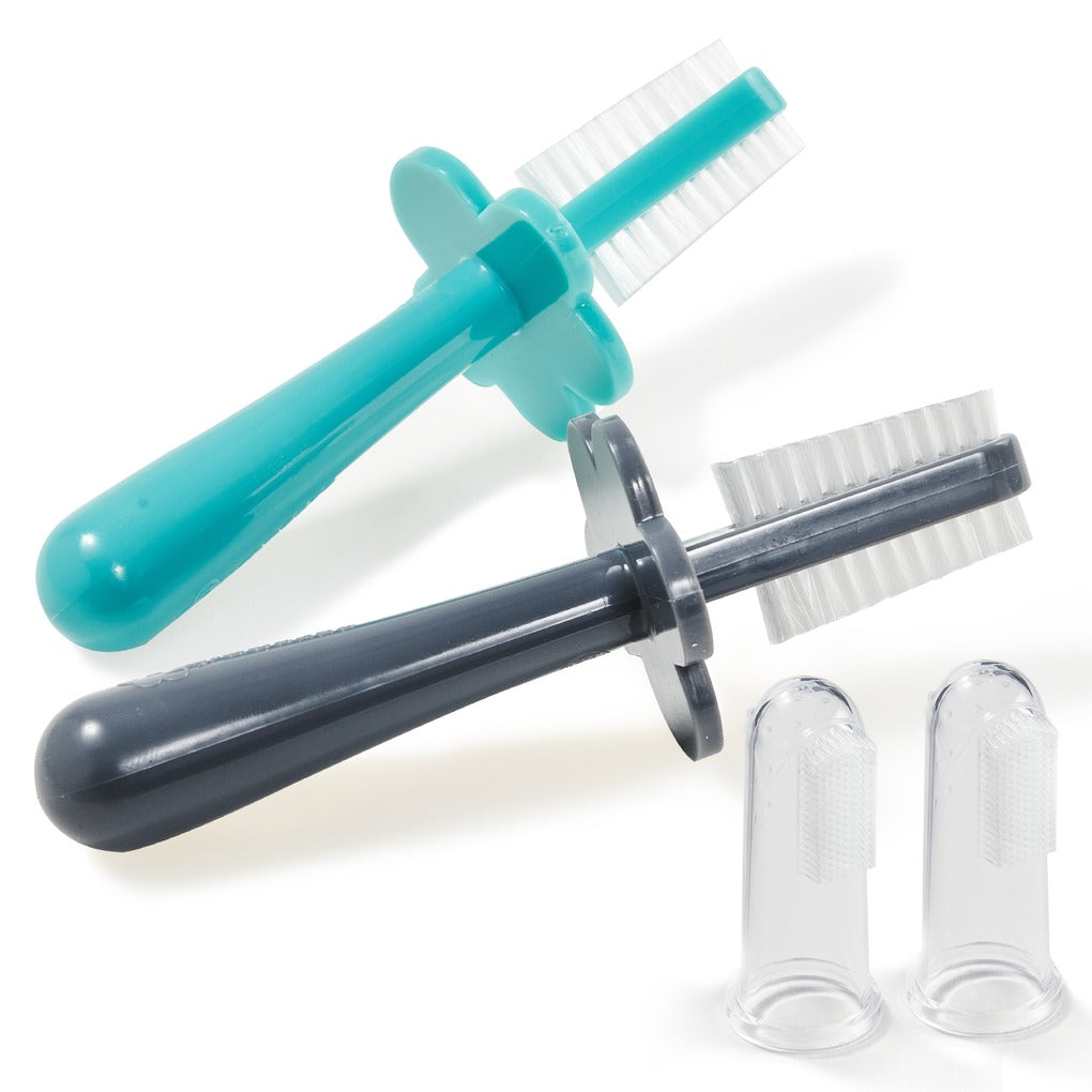 Grabease Double-Sided Toothbrush for Babies and Toddlers With Free Silicone Baby Finger Brush, 2 Pack (Teal, Gray)