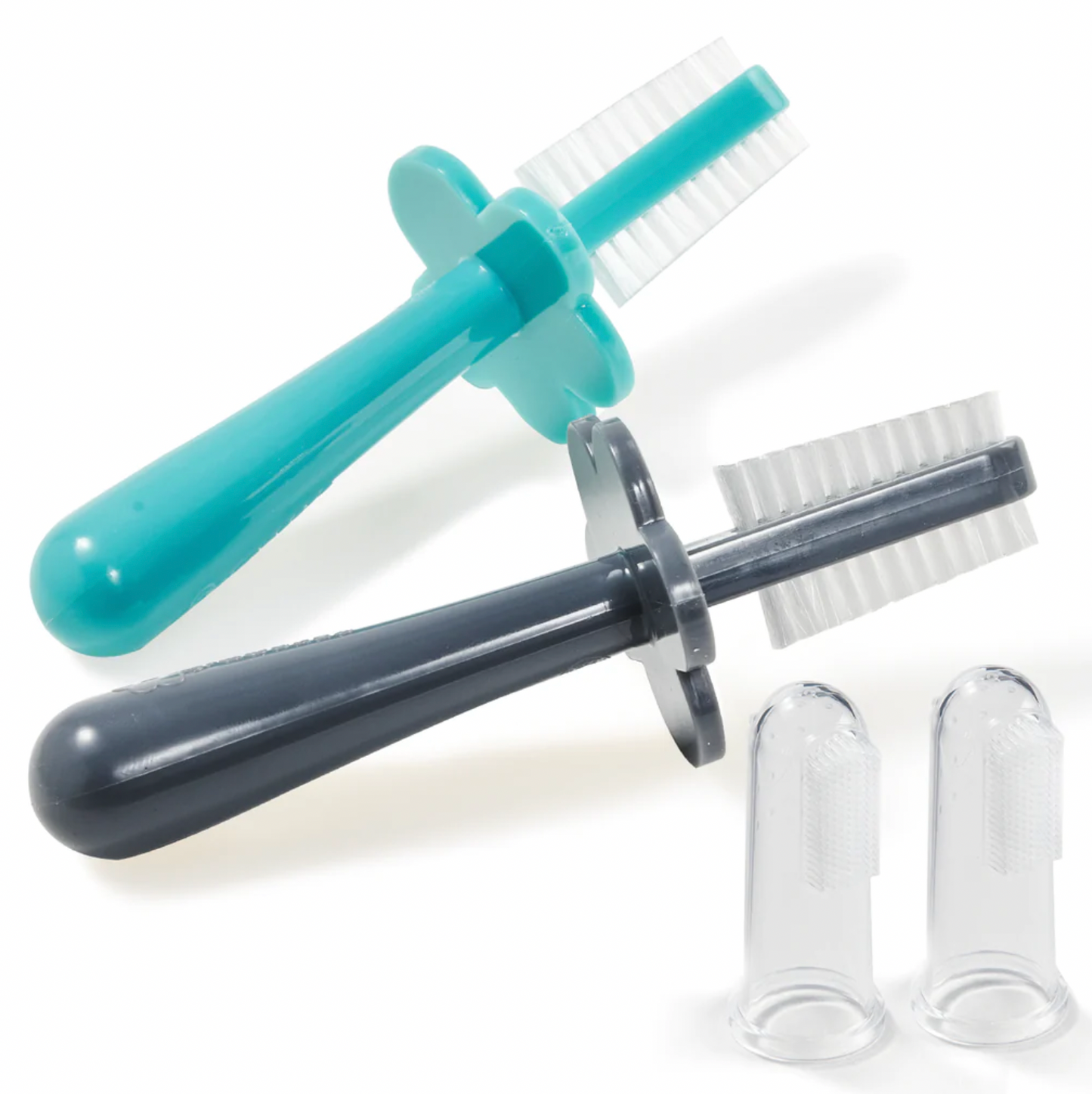 Grabease Double-Sided Toothbrush for Babies and Toddlers With Free Silicone Baby Finger Brush, 2 Pack (Teal, Gray)