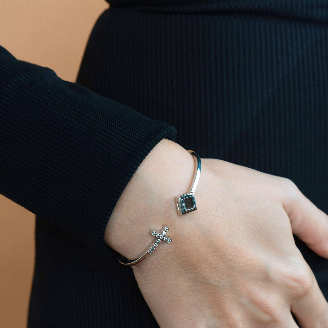 Spirit Cross Bangle - Stainless Steel with White CZ