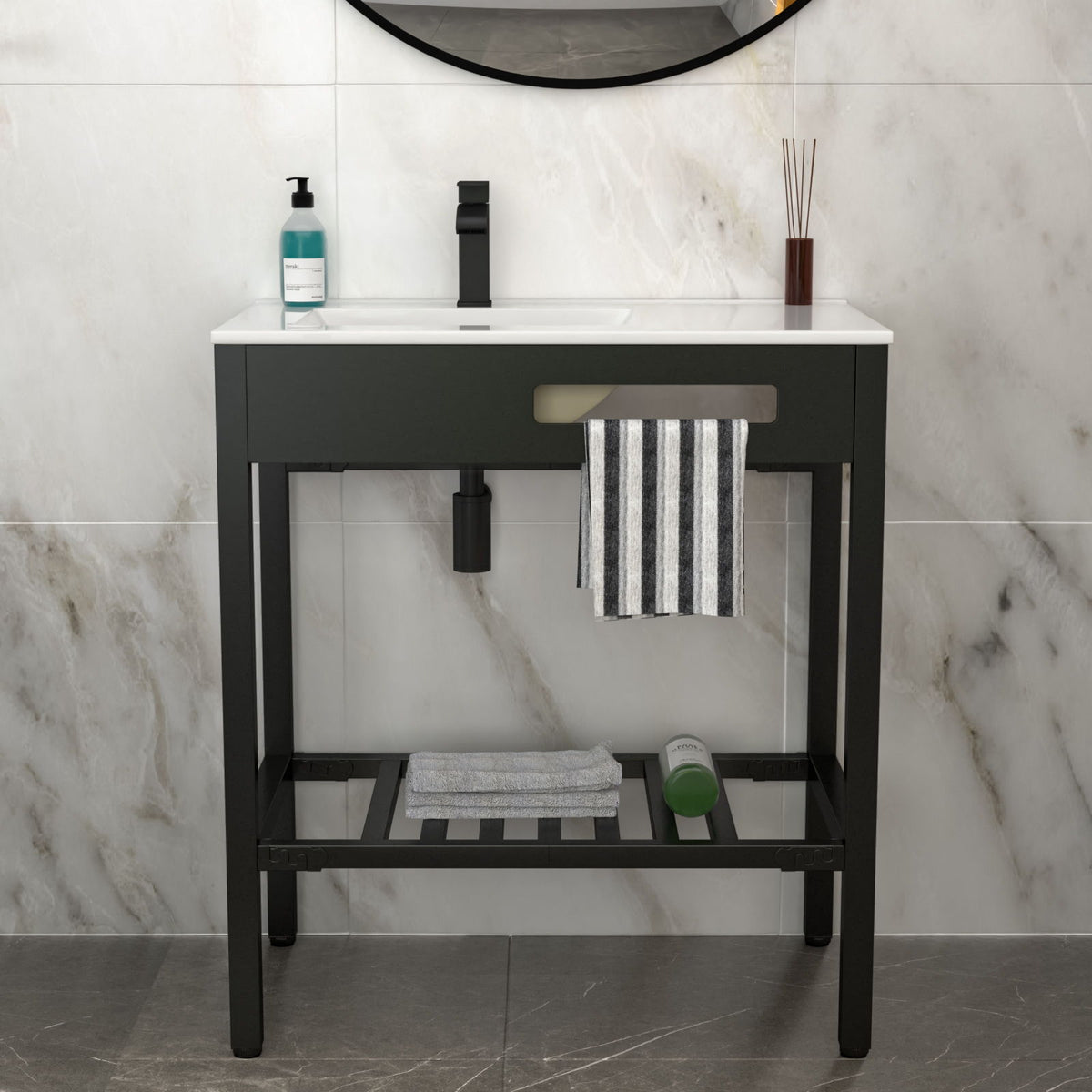 Console Sink With Legs, 32" X 18.5", Durable Porcela With Support - White / Black