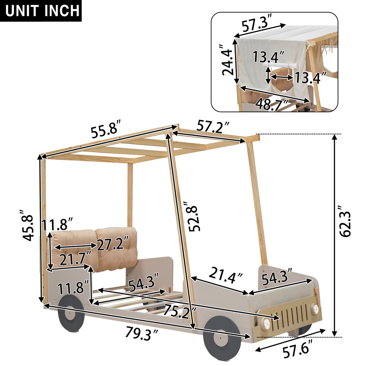 Twin Size Car Bed & Pillow, Ceiling Cloth And LED - Natural