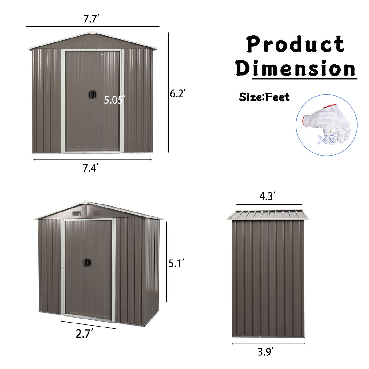 8Ft x 4Ft Outdoor Metal Storage Shed - Gray