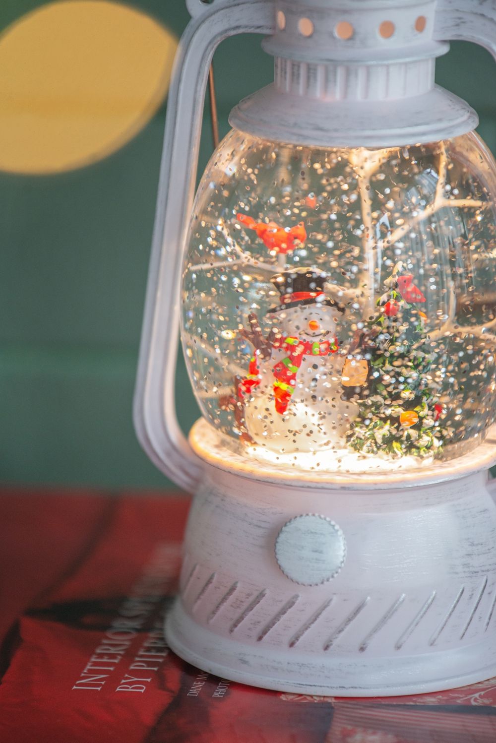 Christmas Plastic / Resin Lantern With Snowman & Tree LED / Water Spinning / 6 Hours Timer, 3*AA Batteries Required - White / Multi