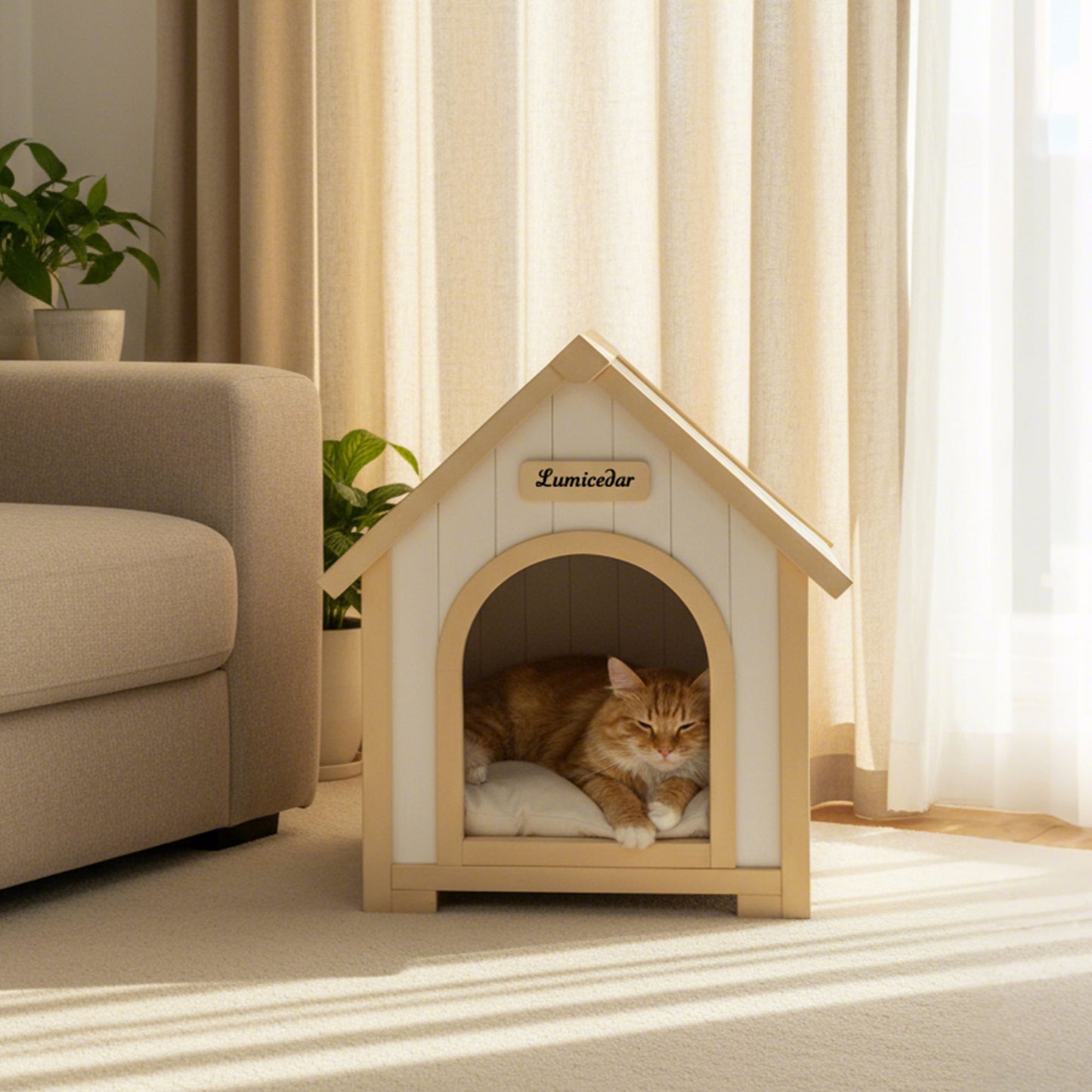 Indoor Dog House With Cushion Pet House For Small Dogs & Cats - Creamy White / Light Yellow