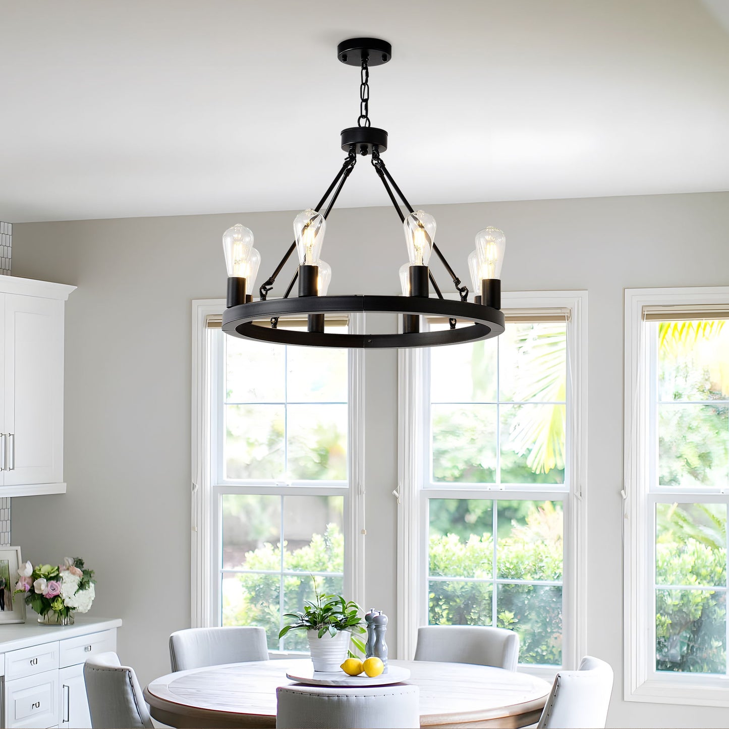 6 Light (No Bulbs) Wagon Wheel Chandelier Farmhouse Modern Small Round Chandelier For Living Room Kitchen Island Foyer Hallway Entryway Bedroom Dining Room Light Fixture Ceiling Hanging - Matte Black