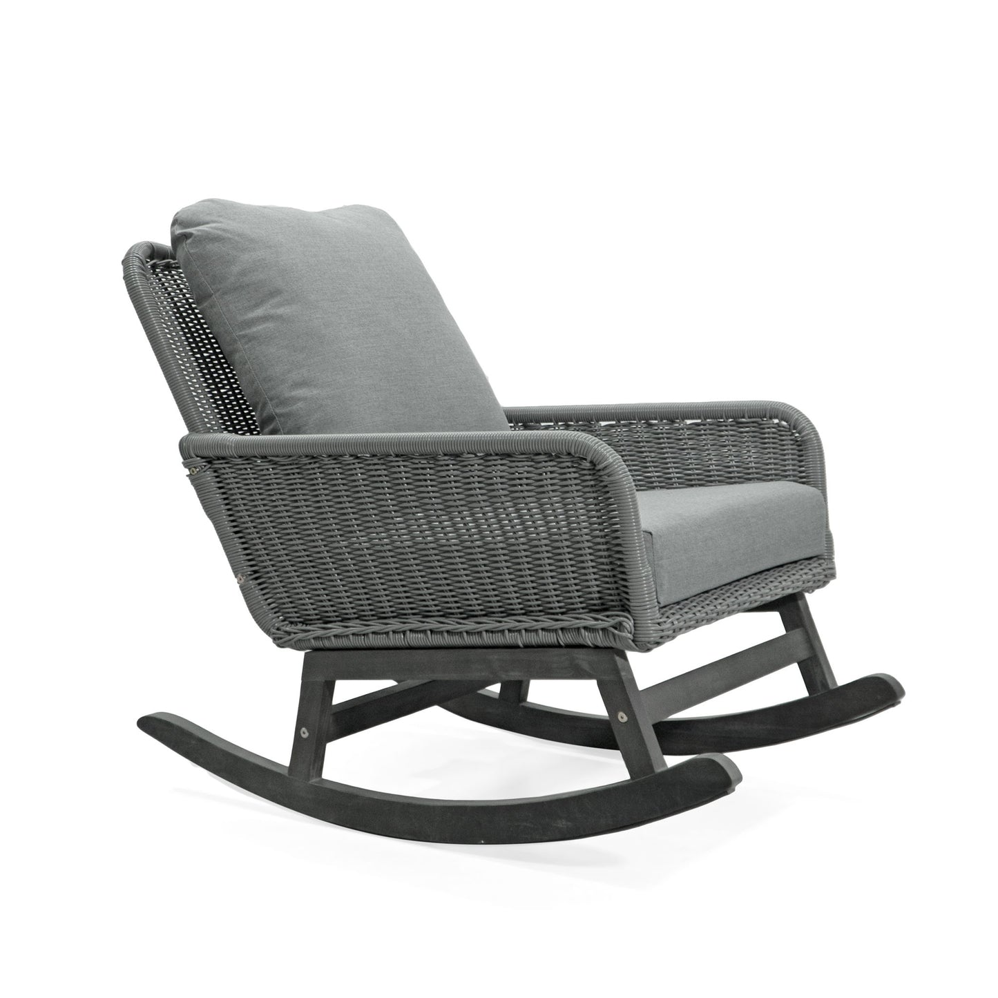 Modern 3 Piece Outdoor Seating Set With Cushioned Rattan Rocking Chairs And Wooden Accent Table