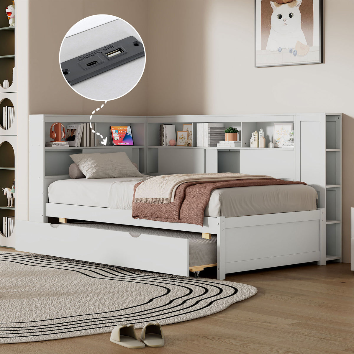 Daybed With Storage Shelves, USB Charging, And Trundle Bed