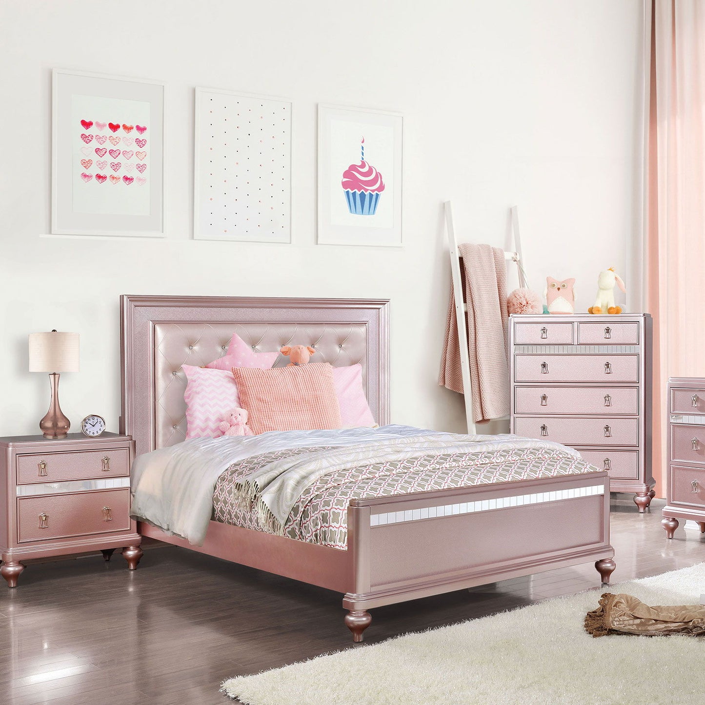 Nightstand With Mirror Accent Panels, 2 Drawer Design - Rose Gold