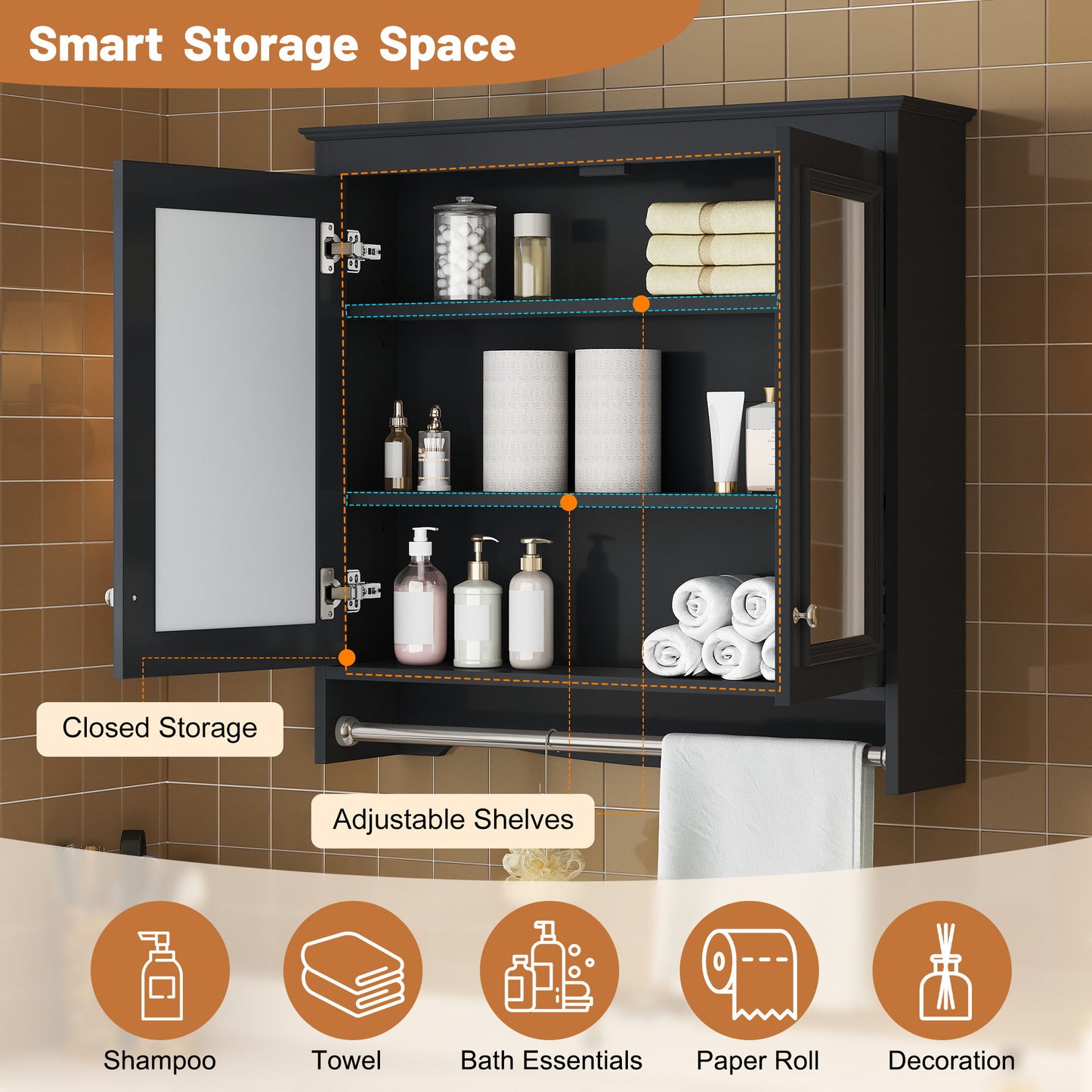 Modern Wall-Mounted Mirror Cabinet With Adjustable Shelves, Soft-Close Doors, High-Definition Mirror