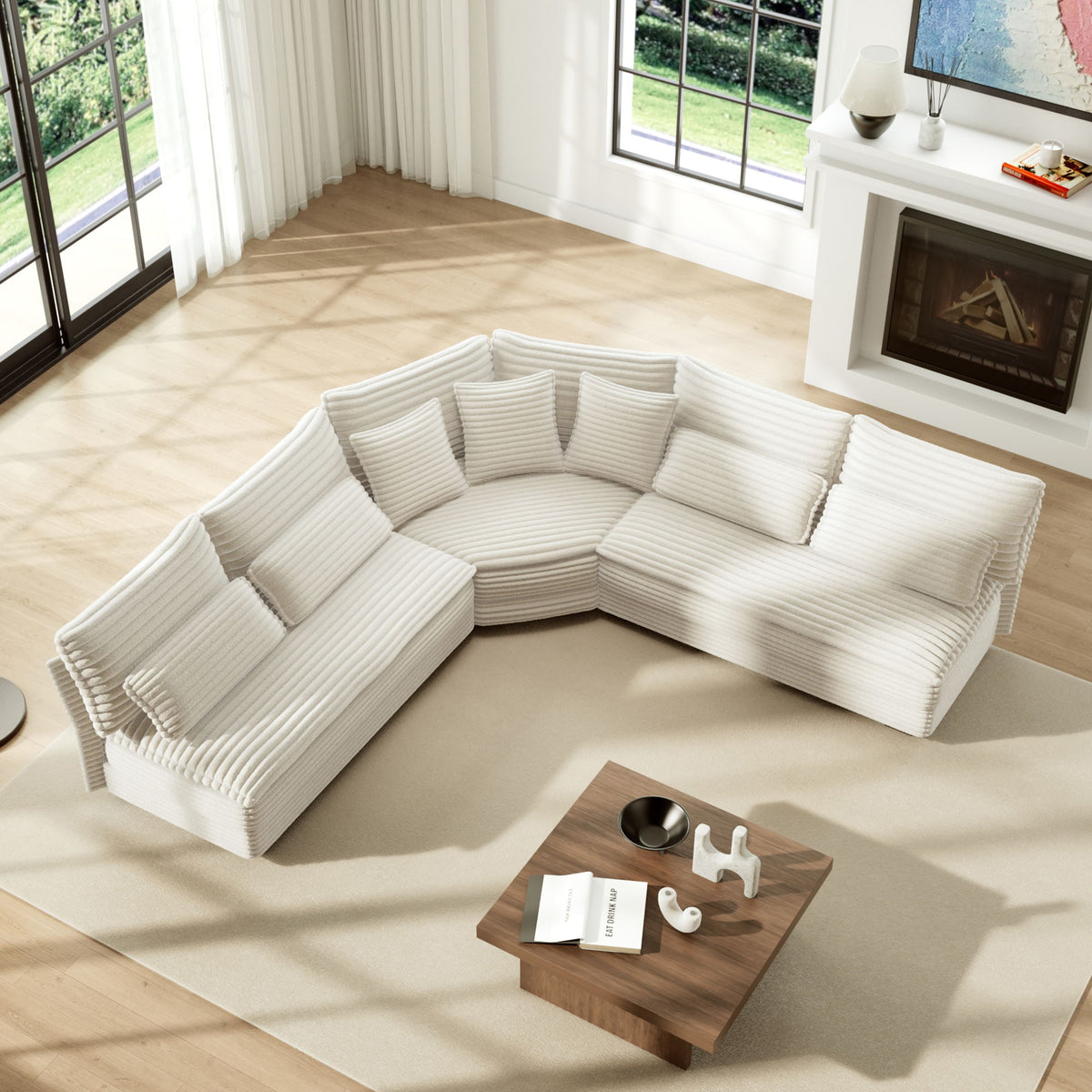 5 Seater L Shaped Sectional Sofa With Curved Corner, 7 Pillows
