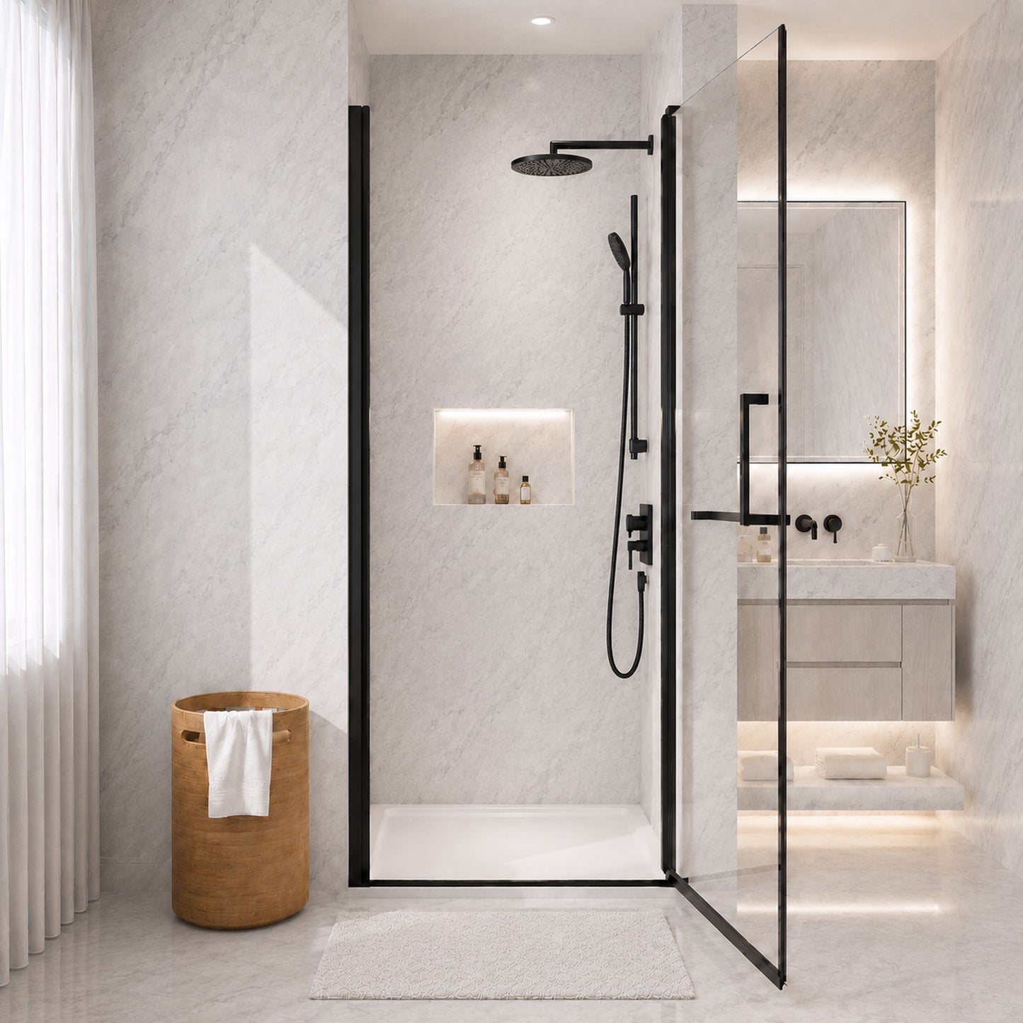 Semi-Frameless Pivot Shower Door With Adjustable Width, Reversible Installation