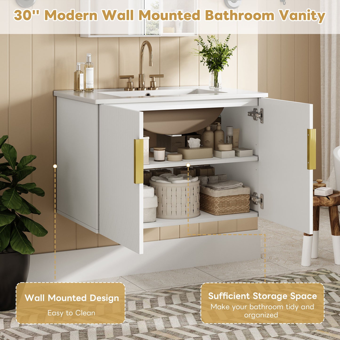 Bathroom Vanity With Sink, Rectangular Storage Cabinet With 2 Soft Closing Doors