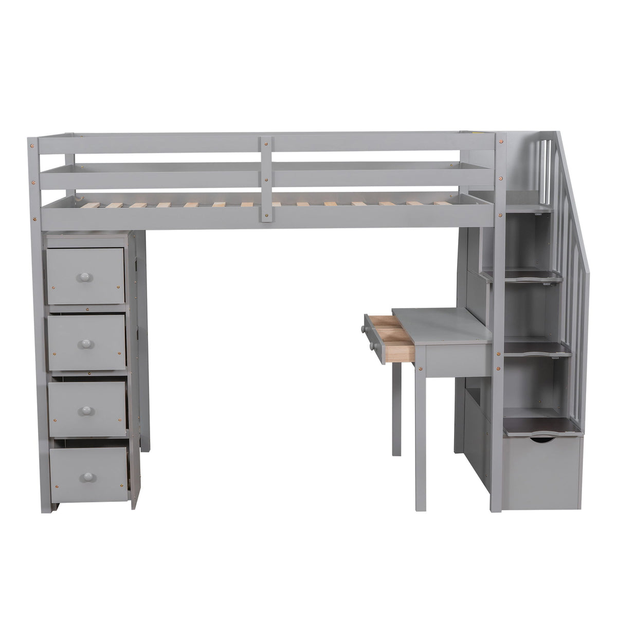 Loft Bed With Storage Drawers, Desk And Stairs With Shelves
