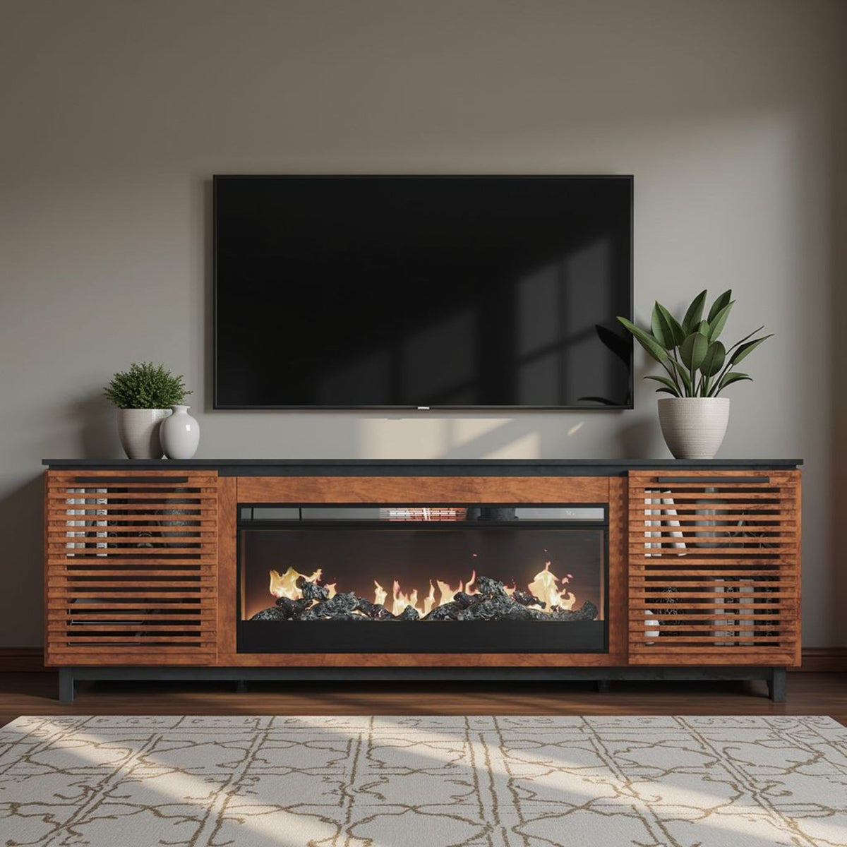 Fireplace TV Stand Console For TVs Up To 100" - Black / Bourbon