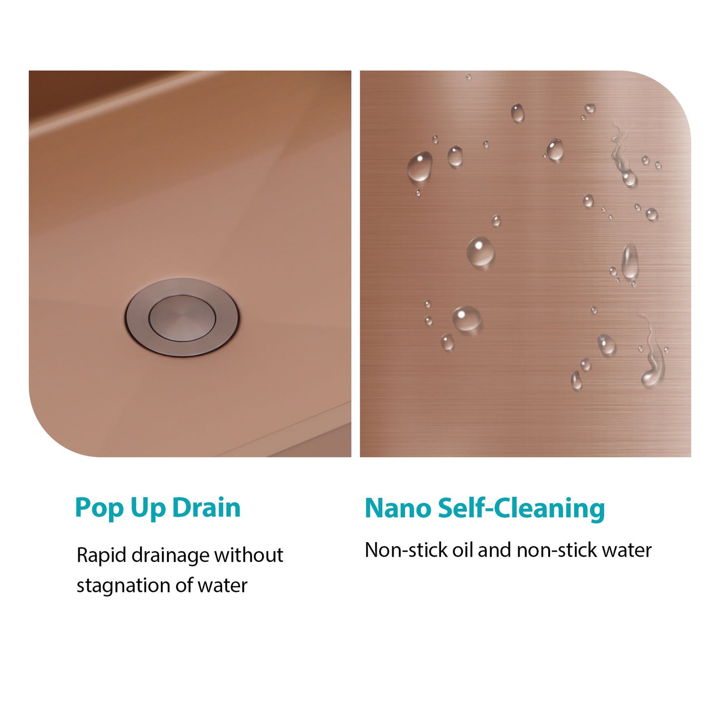 19" X 15" Stainless Steel Bathroom Sink With Pop Up Drain, Nano Surface - Rose Gold