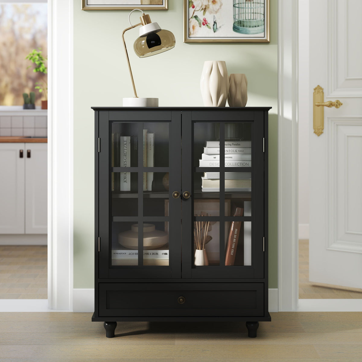 Minimalist Buffet Cabinet With Double Glass Doors And Drawer