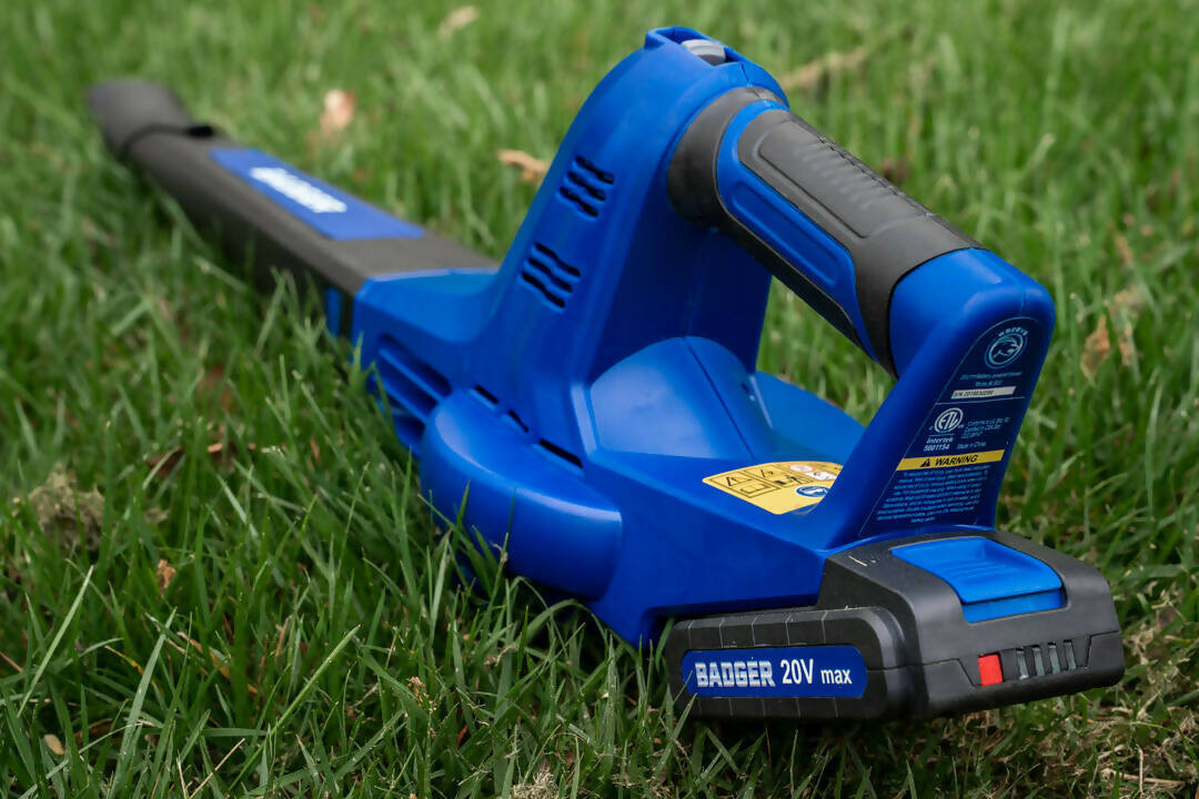 Wild Badger Power 20 Volt 10-inch String Trimmer and Sweeper Blower, Includes (2) 2.0 Ah Batteries and Clip-on Charger
