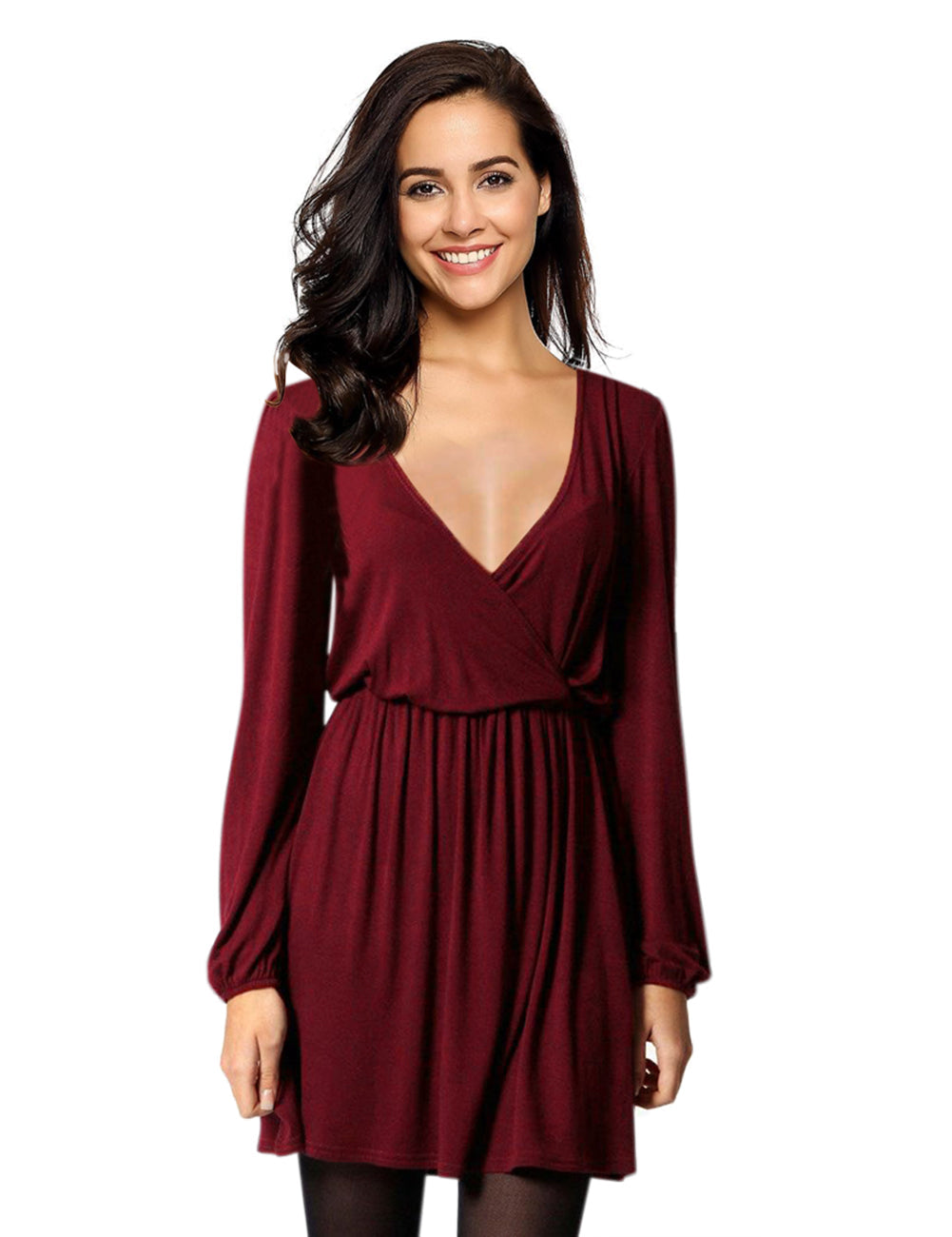 YESFASHION Women V-Neck A-Line Solid Plain Party Casual Mini Dress Red