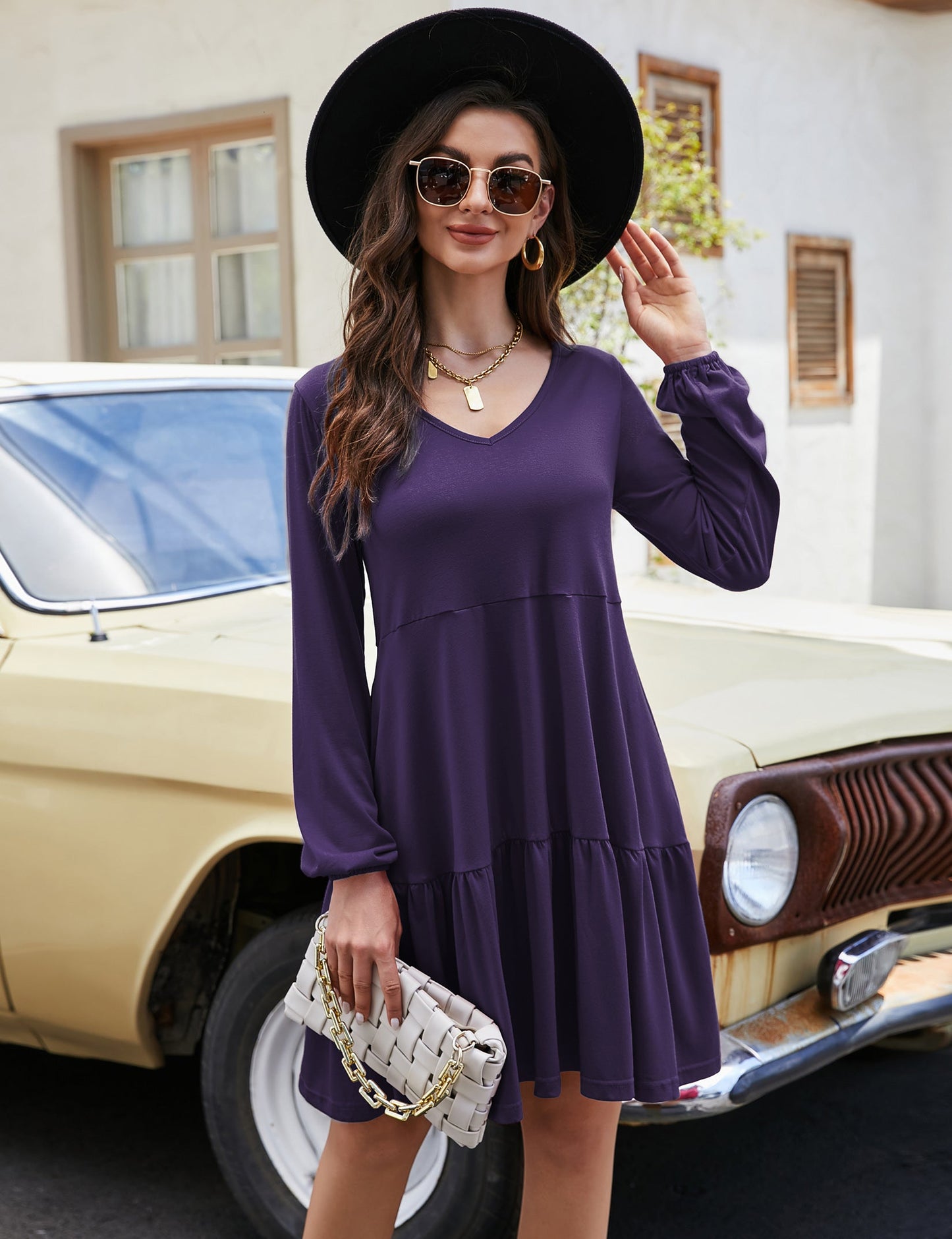 YESFASHION Women's V Neck Layered Dress Long Sleeve Dress
