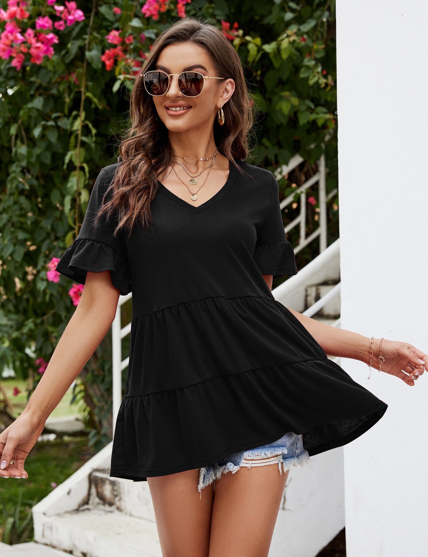 CLEARLOVE Peplum Tops for Women Summer Casual V Neck T Shirts Black