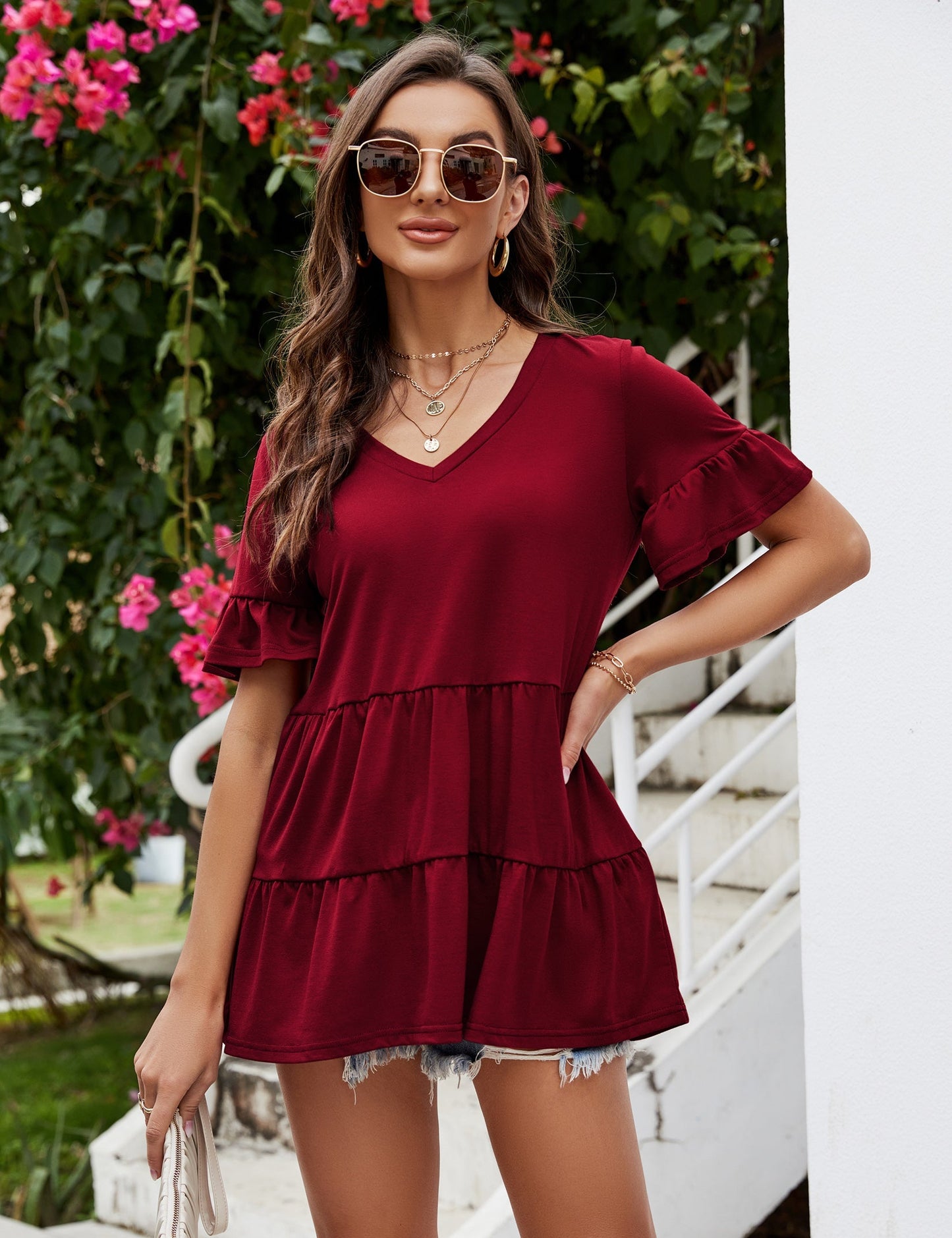 CLEARLOVE Peplum Tops for Women Summer Casual V Neck T Shirts Black