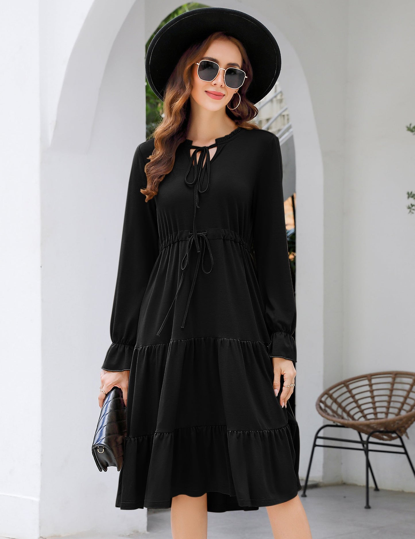 YESFASHION Casual V Neck Polka Dot Puff Sleeve Ruffles Dress Green