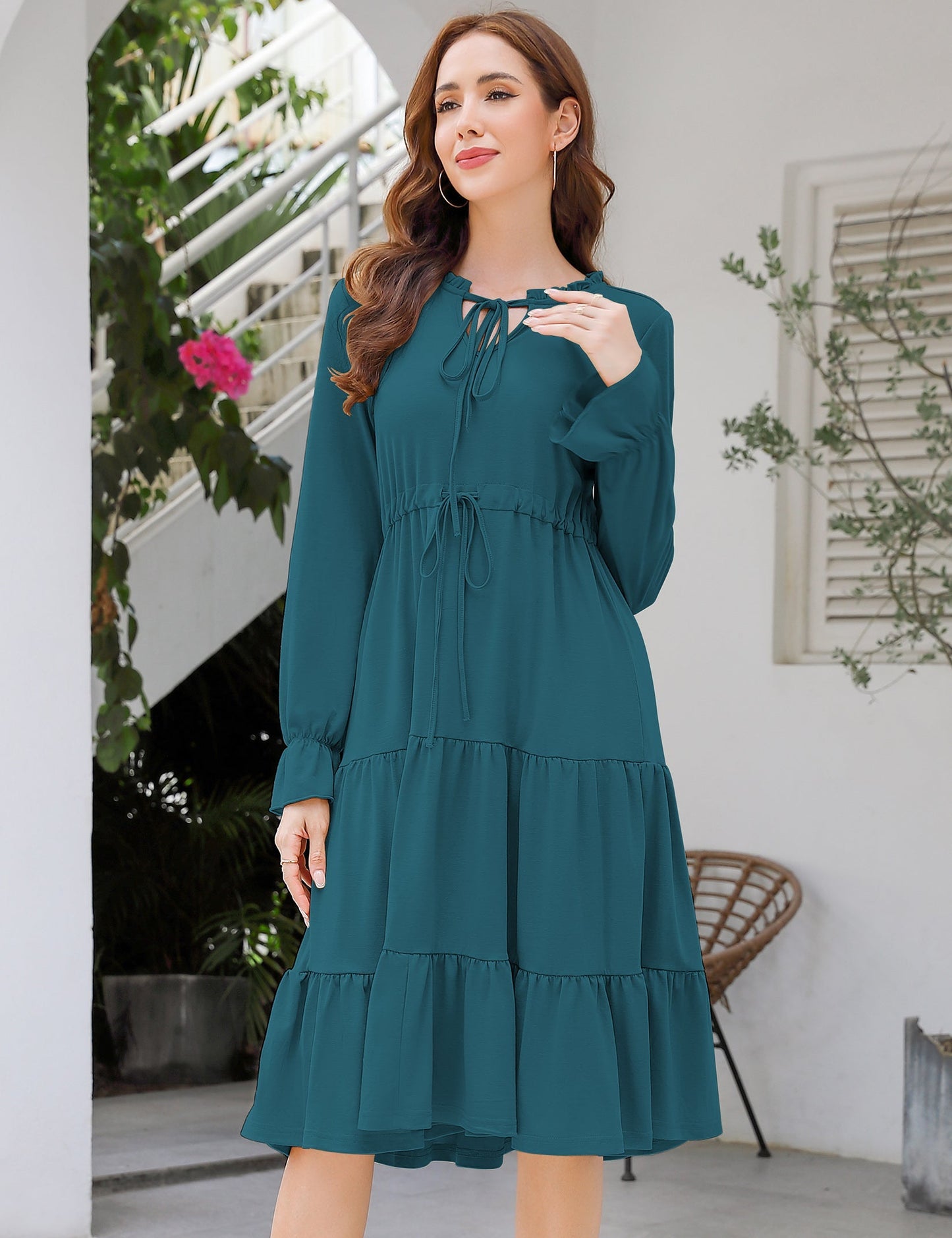 YESFASHION Casual V Neck Polka Dot Puff Sleeve Ruffles Dress Brown