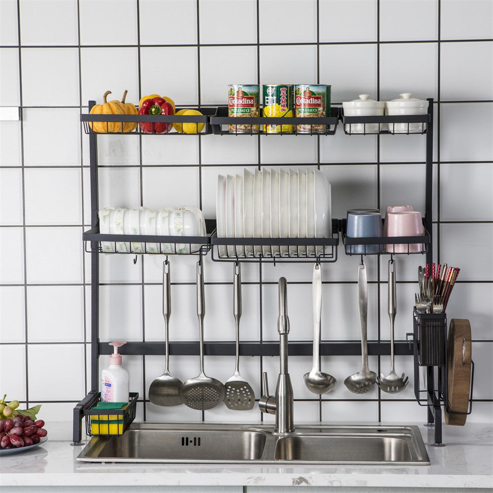 RONSHIN Double Layer Bowl Rack Shelf Dish Drainer 92cm Inner Length Kitchen Organizer Black