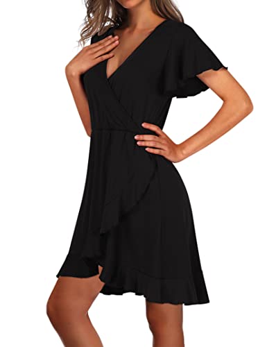Black Dresses for Women Ruffle Wrap Deep V Neck Pleated Cocktail Mini Black Dresses for Women Ruffle Wrap Deep V Neck Pleated Cocktail Mini