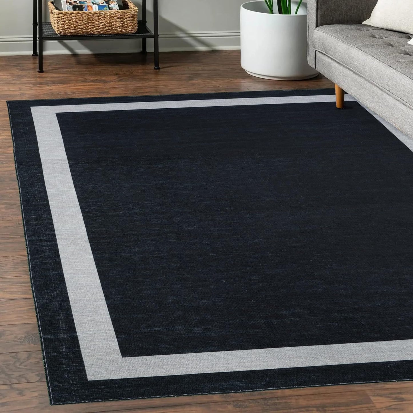 Playa Rug Machine Washable Area Rug With Non Slip Backing - Stain Resistant - Eco Friendly - Family and Pet Friendly - Everest Geometric Modern Bordered Black&Creme Design 8'x10'