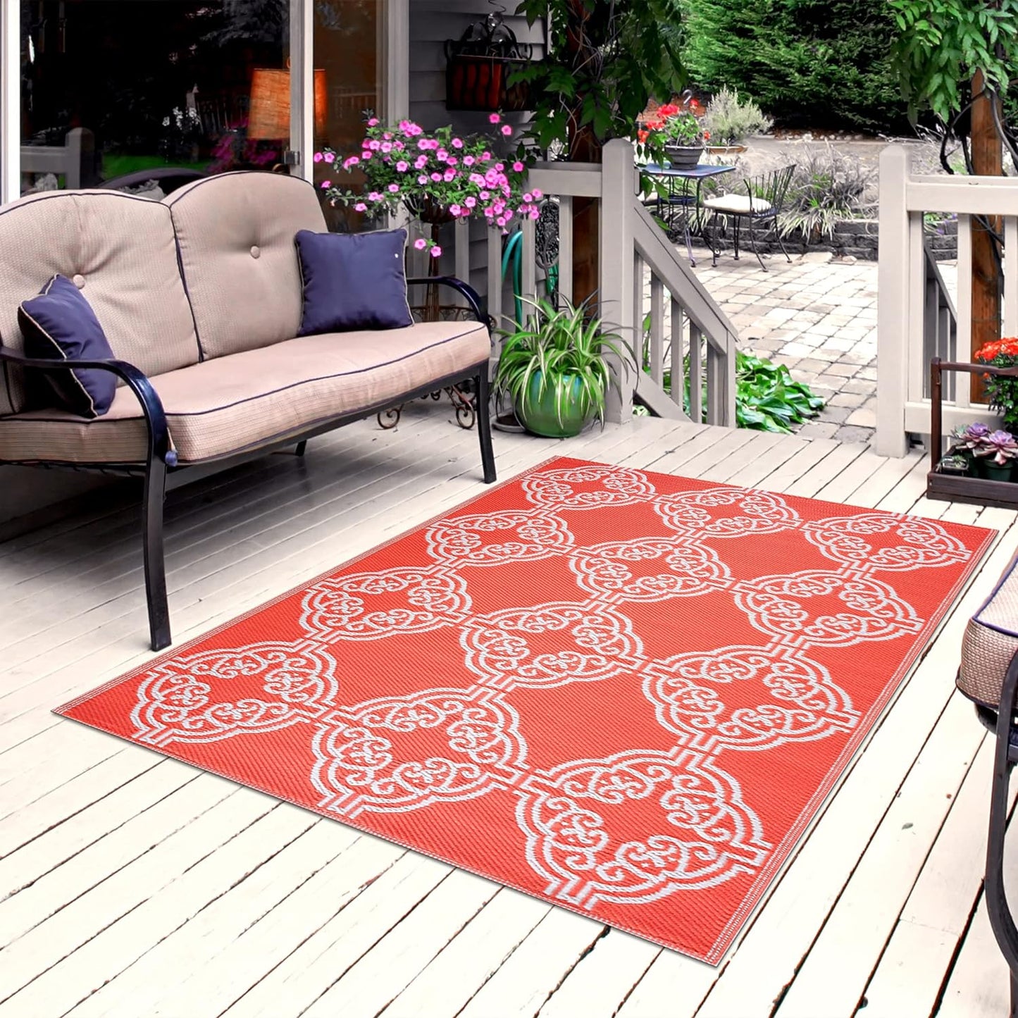 Playa Outdoor Rug - Crease-Free Recycled Plastic Floor Mat for Patio, Camping, Beach, Balcony, Porch, Deck - Weather, Water, Stain, Lightweight, Fade and UV Resistant - Marrakesh- Orange & White (5'x7')