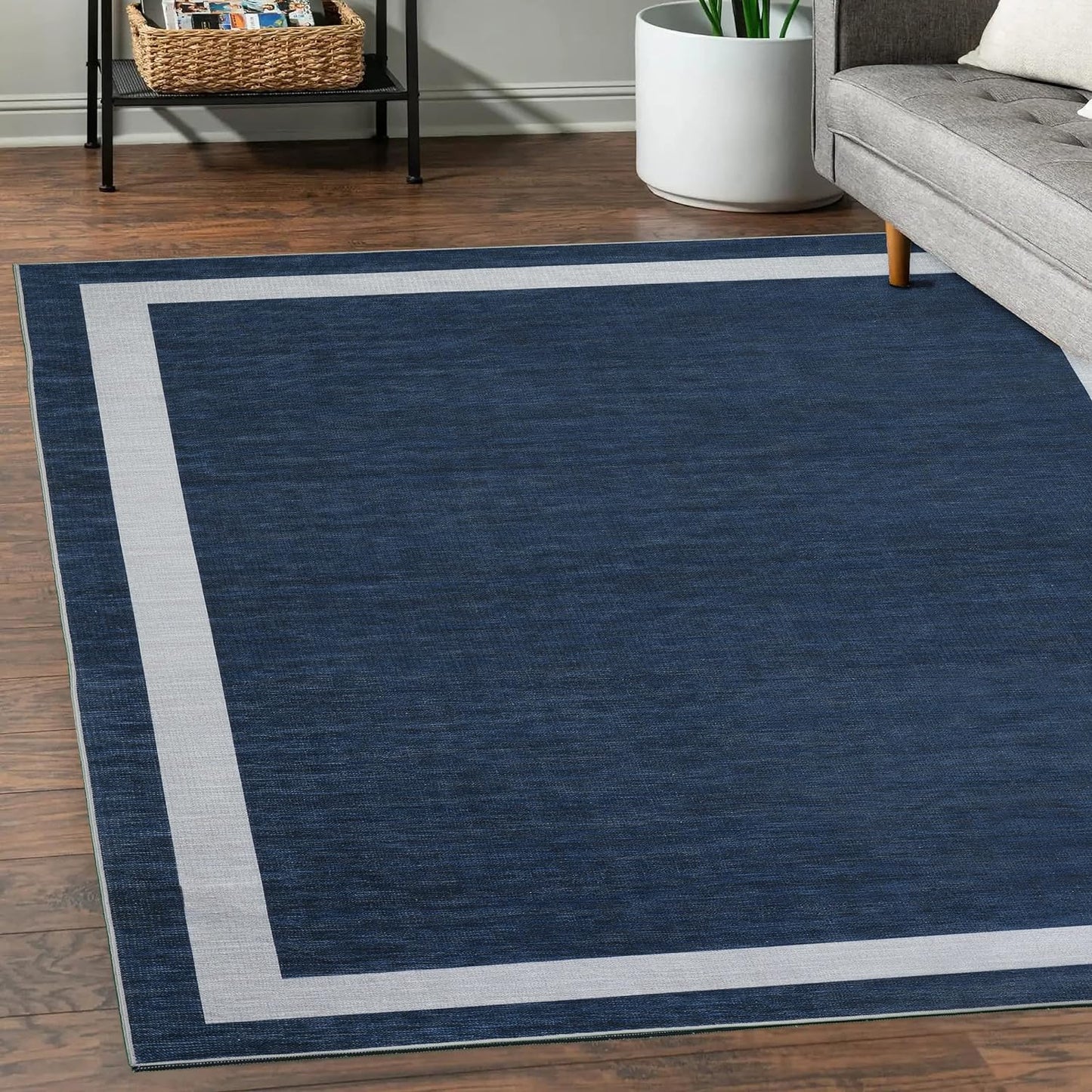 Playa Rug Machine Washable Area Rug With Non Slip Backing - Stain Resistant - Eco Friendly - Family and Pet Friendly - Everest Geometric Modern Bordered Navy&Creme Design 5'8''x9'
