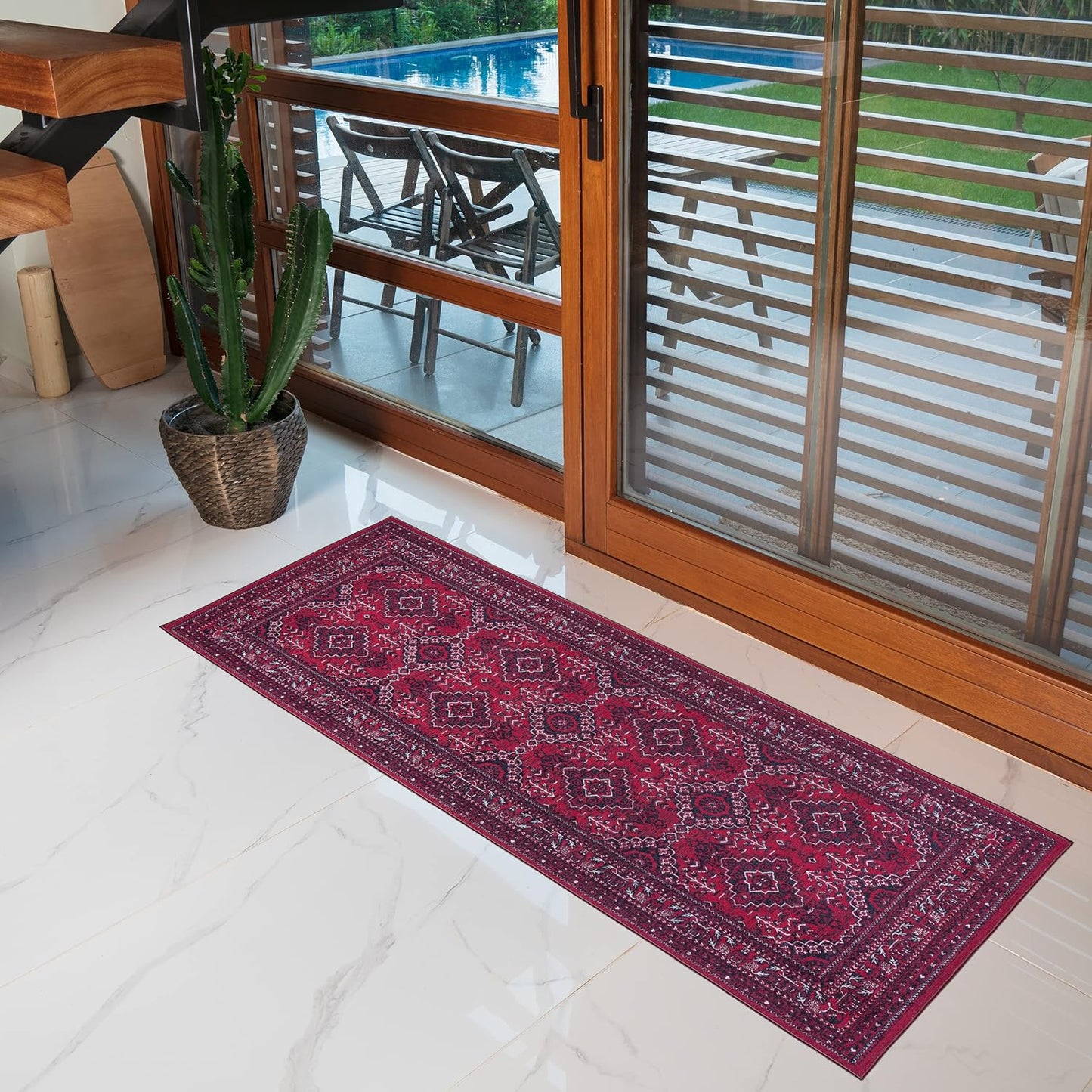Playa Rug Machine Washable Area Rug With Non Slip Backing - Stain Resistant - Eco Friendly - Family and Pet Friendly - Denali Turkoman Bokhara Oriental Burgundy Design 2'2''x6'