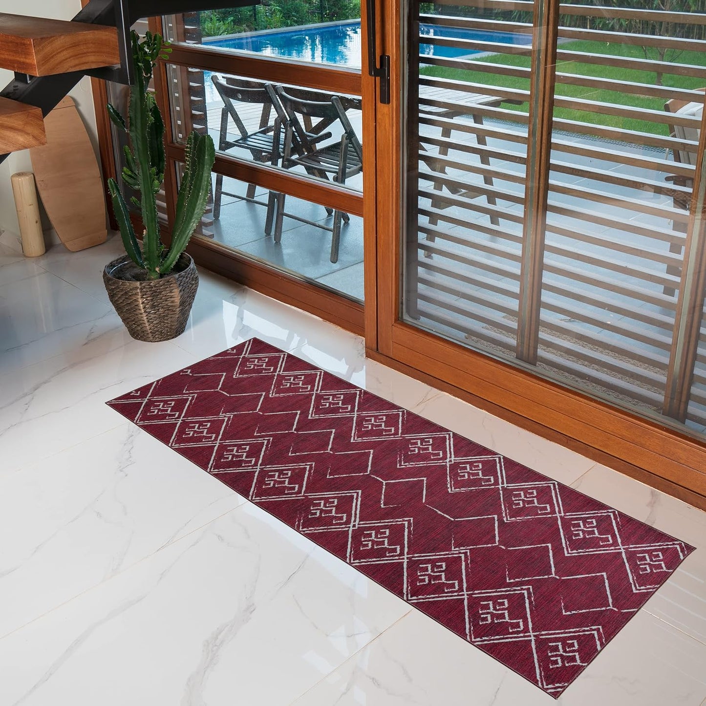 Playa Rug Machine Washable Area Rug With Non Slip Backing - Stain Resistant - Eco Friendly - Family and Pet Friendly - Aspen Tribal Moroccan Bohemian Burgundy&Creme Design 2'2''x6'