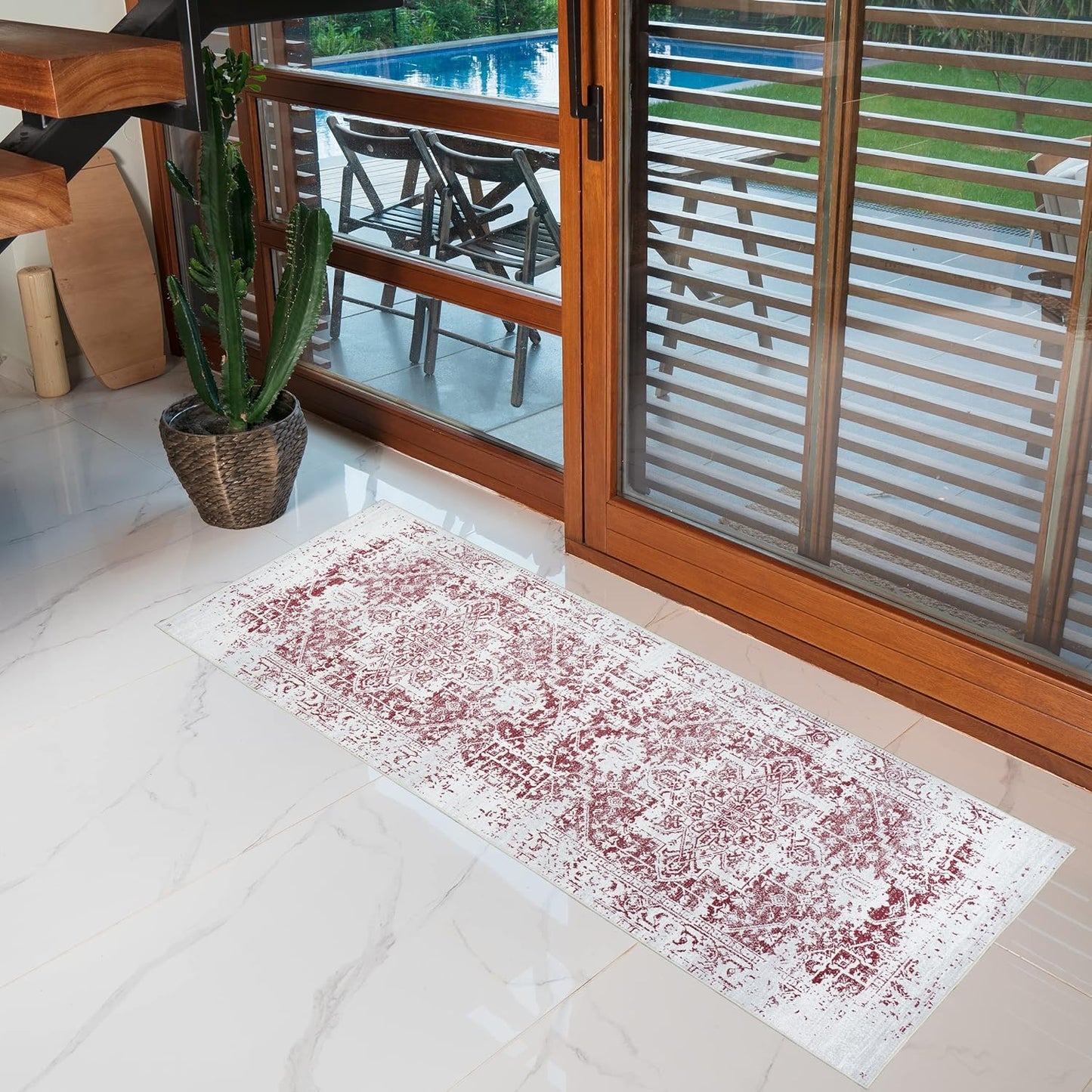 Playa Rug Machine Washable Area Rug With Non Slip Backing - Stain Resistant - Eco Friendly - Family and Pet Friendly - Himalayas Traditional Floral Abstract Burgundy&Creme Design 2'8''x8'