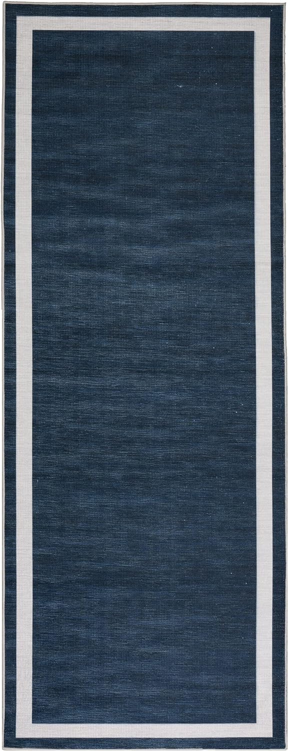 Playa Rug Machine Washable Area Rug With Non Slip Backing - Stain Resistant - Eco Friendly - Family and Pet Friendly - Everest Geometric Modern Bordered Navy&Creme Design 2'8''x8'