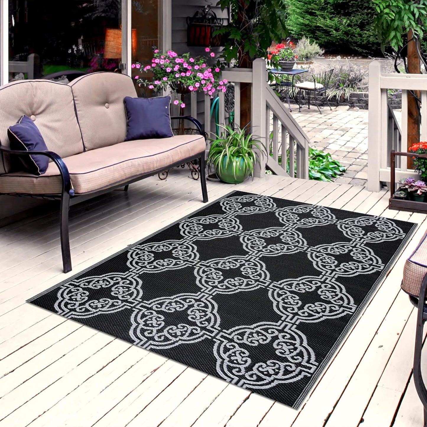 Playa Outdoor Rug - Crease-Free Recycled Plastic Floor Mat for Patio, Camping, Beach, Balcony, Porch, Deck - Weather, Water, Stain, Lightweight, Fade and UV Resistant - Marrakesh- Black & White (8'x10')