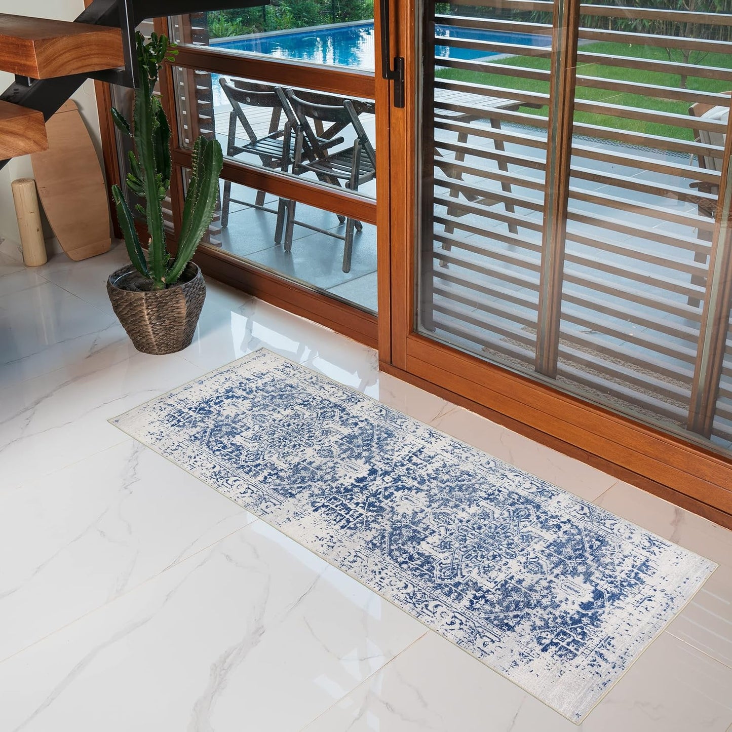 Playa Rug Machine Washable Area Rug With Non Slip Backing - Stain Resistant - Eco Friendly - Family and Pet Friendly - Himalayas Traditional Floral Abstract Navy&Creme Design 2'8''x8'