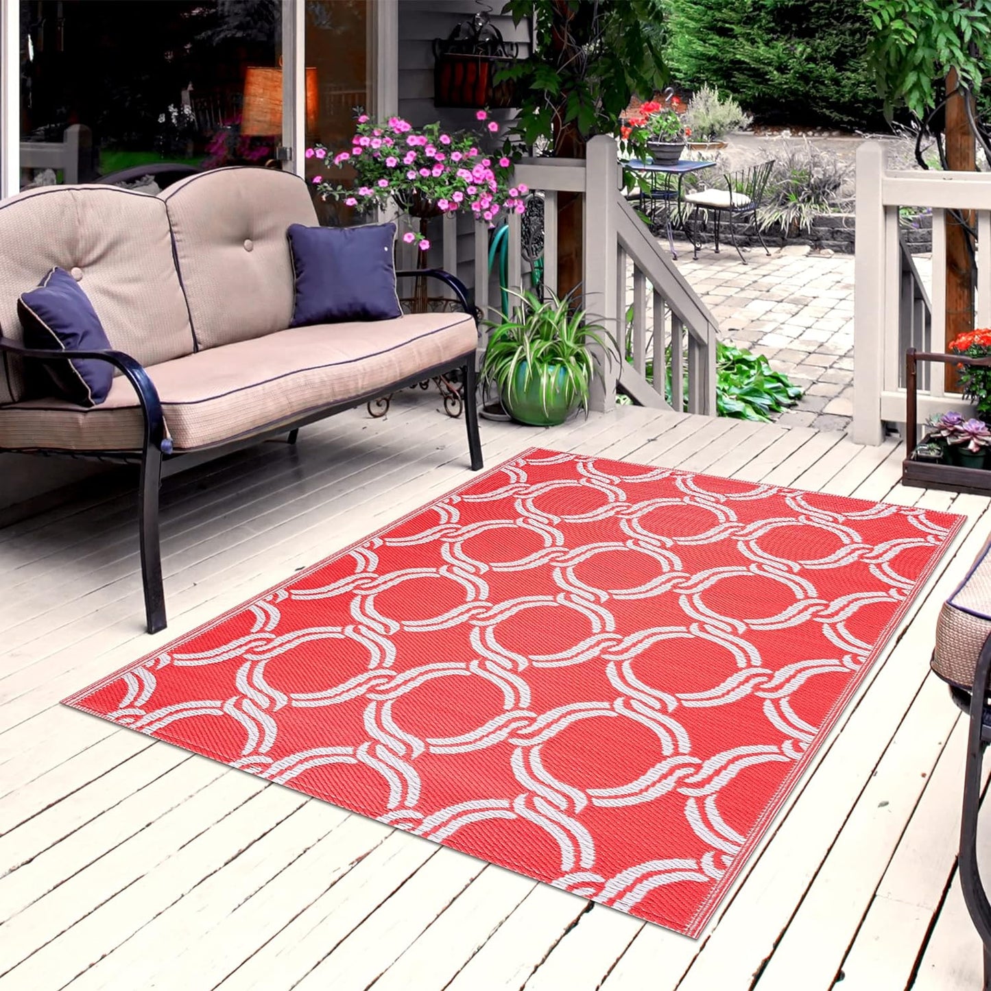 Playa Outdoor Rug - Crease-Free Recycled Plastic Floor Mat for Patio, Camping, Beach, Balcony, Porch, Deck - Weather, Water, Stain, Lightweight, Fade and UV Resistant - Marrakesh- Orange & White (6'x9')
