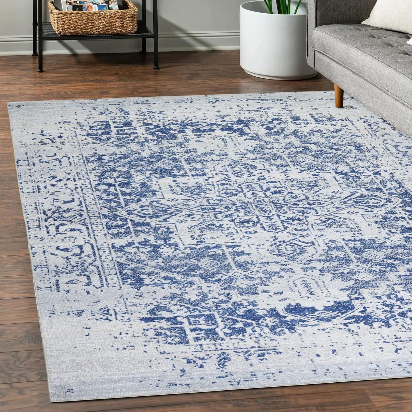 Playa Rug Machine Washable Area Rug With Non Slip Backing - Stain Resistant - Eco Friendly - Family and Pet Friendly - Himalayas Traditional Floral Abstract Navy&Creme Design 4'x6'