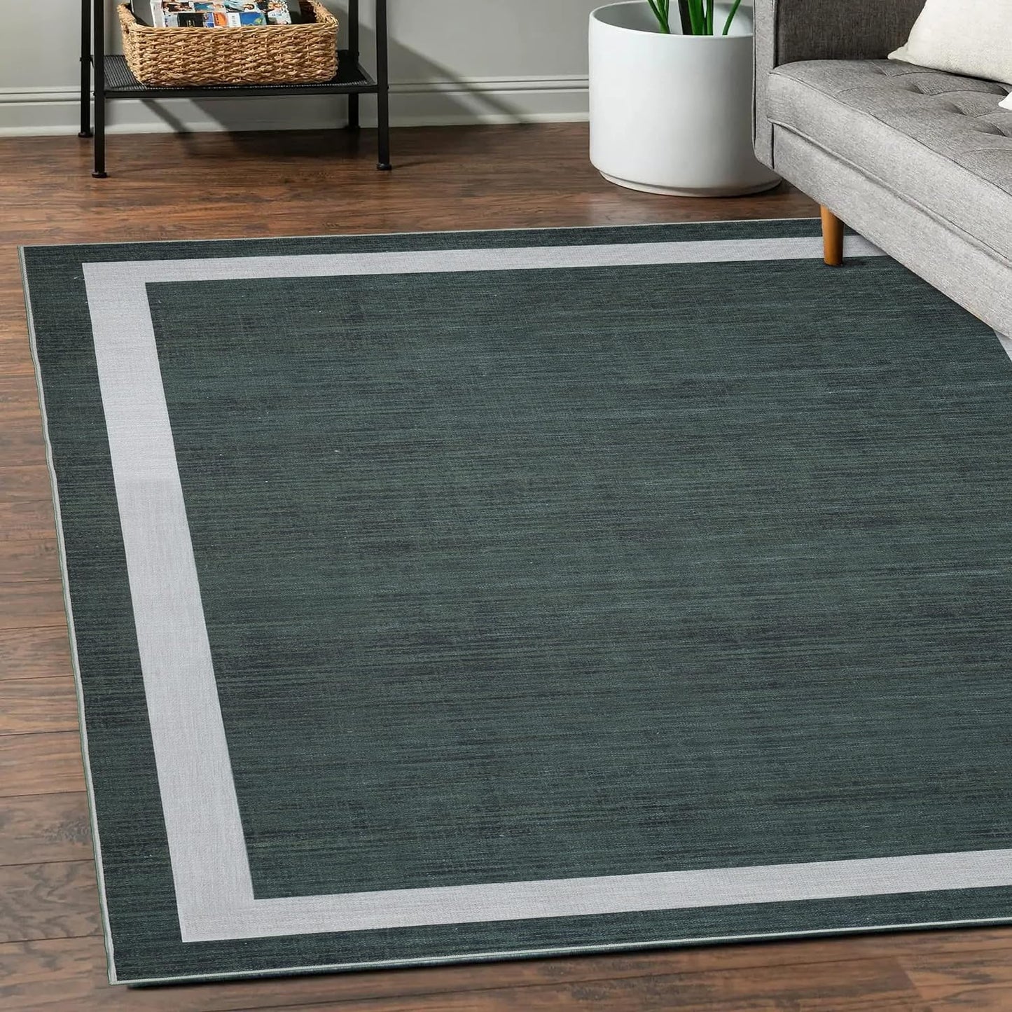 Playa Rug Machine Washable Area Rug With Non Slip Backing - Stain Resistant - Eco Friendly - Family and Pet Friendly - Everest Geometric Modern Bordered Green&Creme Design 5'4''x8'
