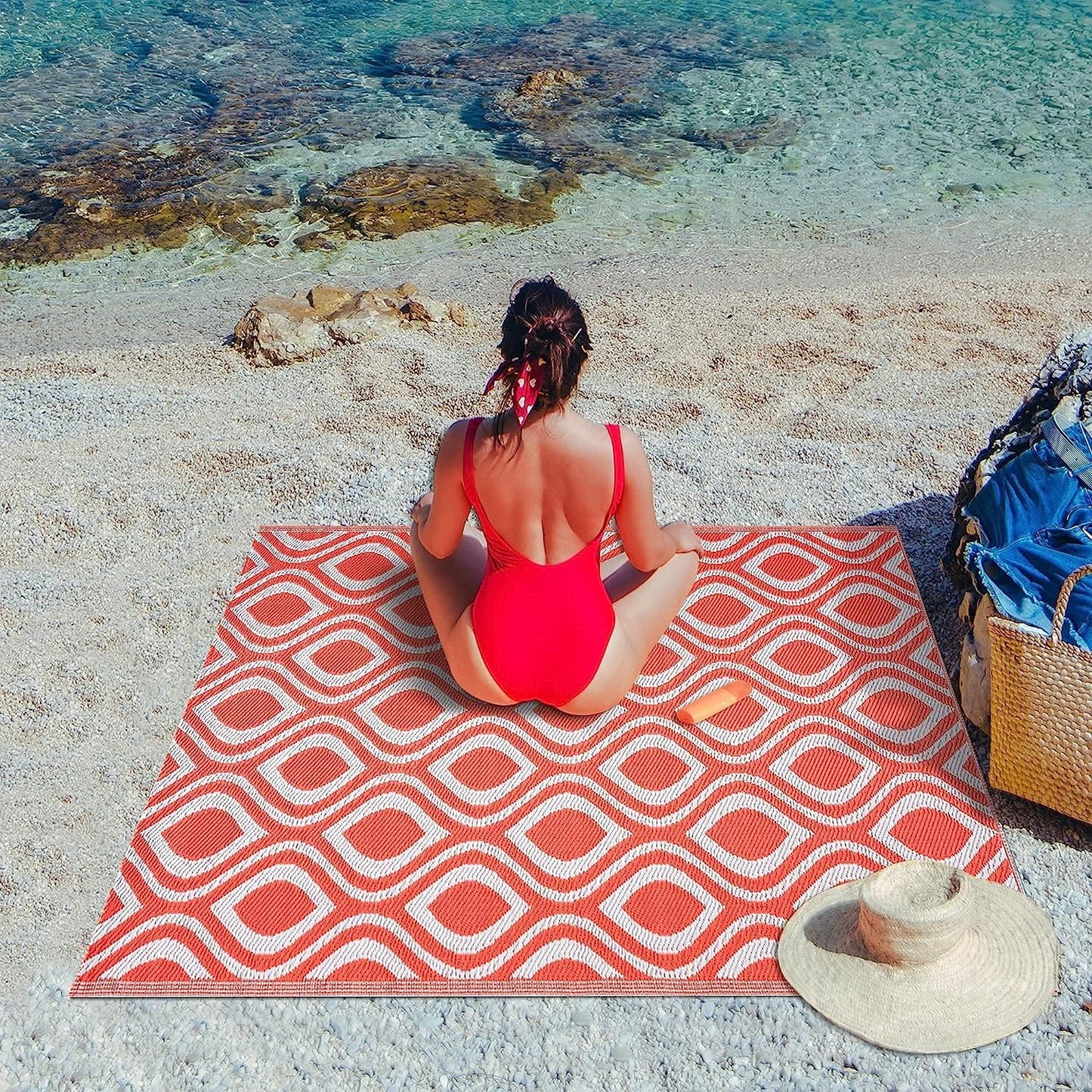 Playa Outdoor Rug - Crease-Free Recycled Plastic Floor Mat for Patio, Camping, Beach, Balcony, Porch, Deck - Weather, Water, Stain, Lightweight, Fade and UV Resistant - Venice- Orange & White (8'x10')