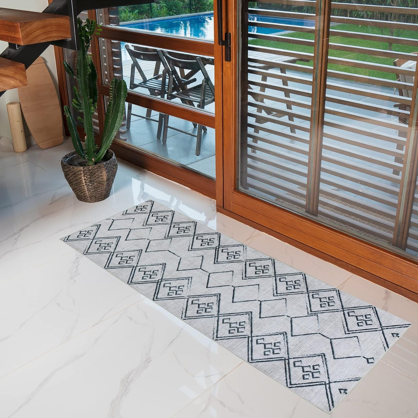 Playa Rug Machine Washable Area Rug With Non Slip Backing - Stain Resistant - Eco Friendly - Family and Pet Friendly - Aspen Tribal Moroccan Bohemian Creme&Black Design 2'8''x8'