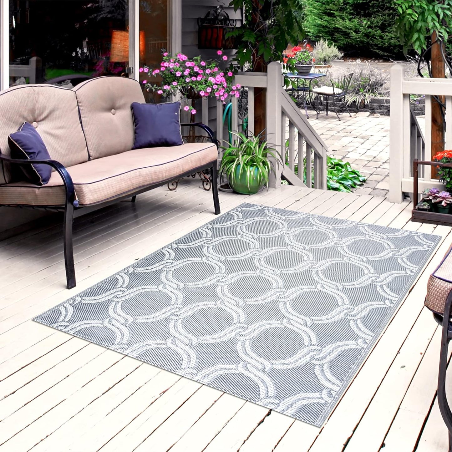 Playa Outdoor Rug - Crease-Free Recycled Plastic Floor Mat for Patio, Camping, Beach, Balcony, Porch, Deck - Weather, Water, Stain, Lightweight, Fade and UV Resistant - Marrakesh- Gray & White (8'x10')
