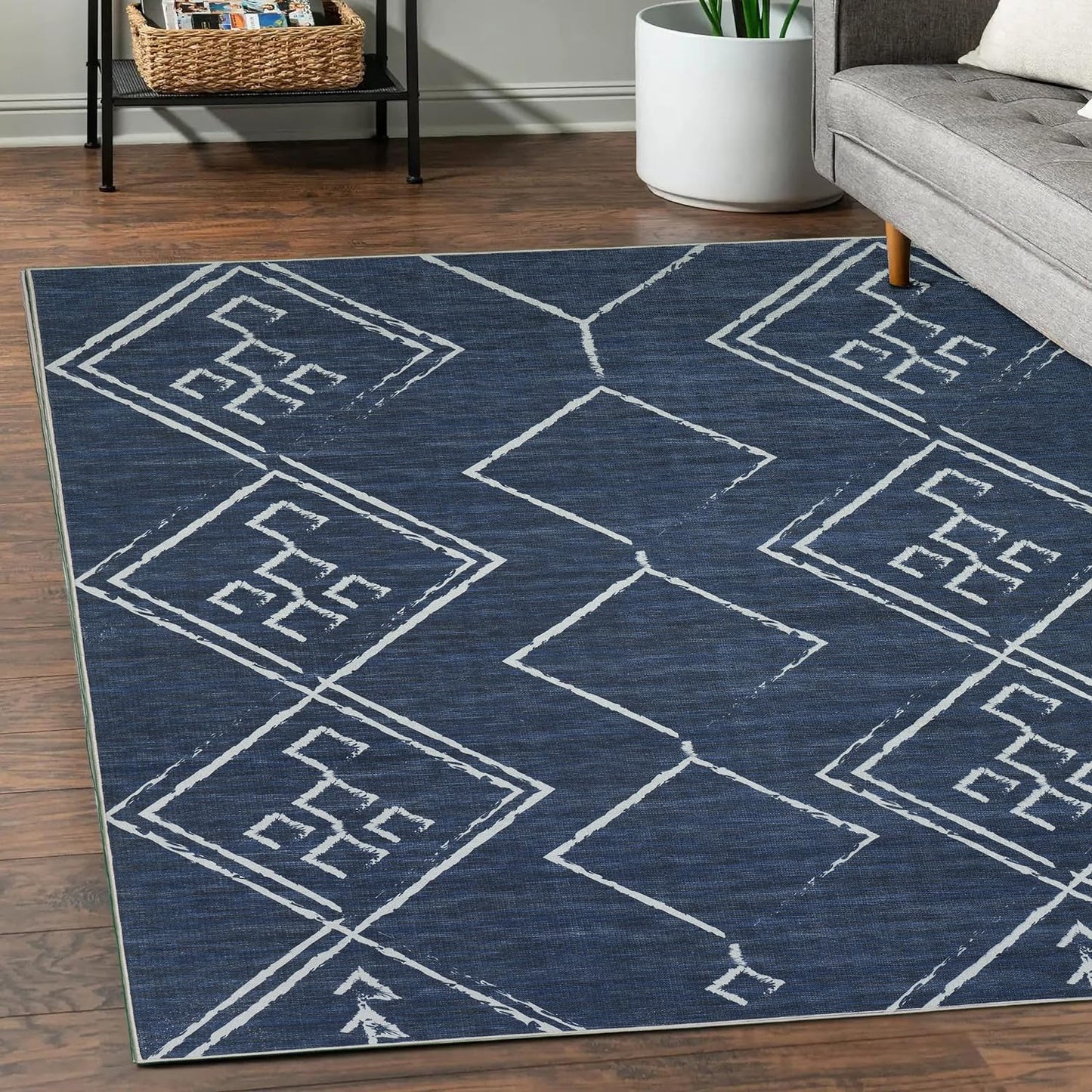 Playa Rug Machine Washable Area Rug With Non Slip Backing - Stain Resistant - Eco Friendly - Family and Pet Friendly - Aspen Tribal Moroccan Bohemian Navy&Creme Design 5'8''x9'