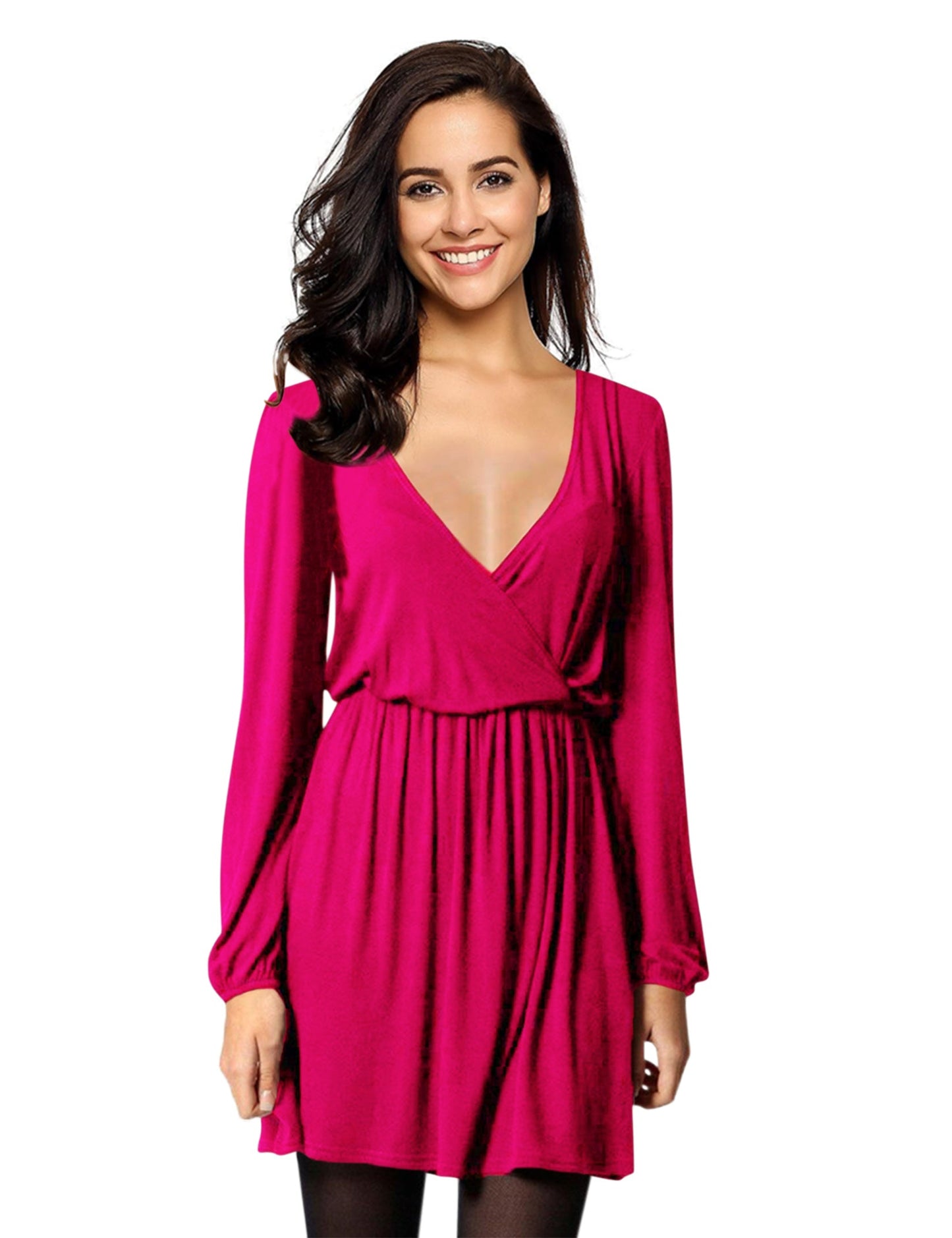 YESFASHION Women V-Neck A-Line Solid Plain Party Casual Mini Dress