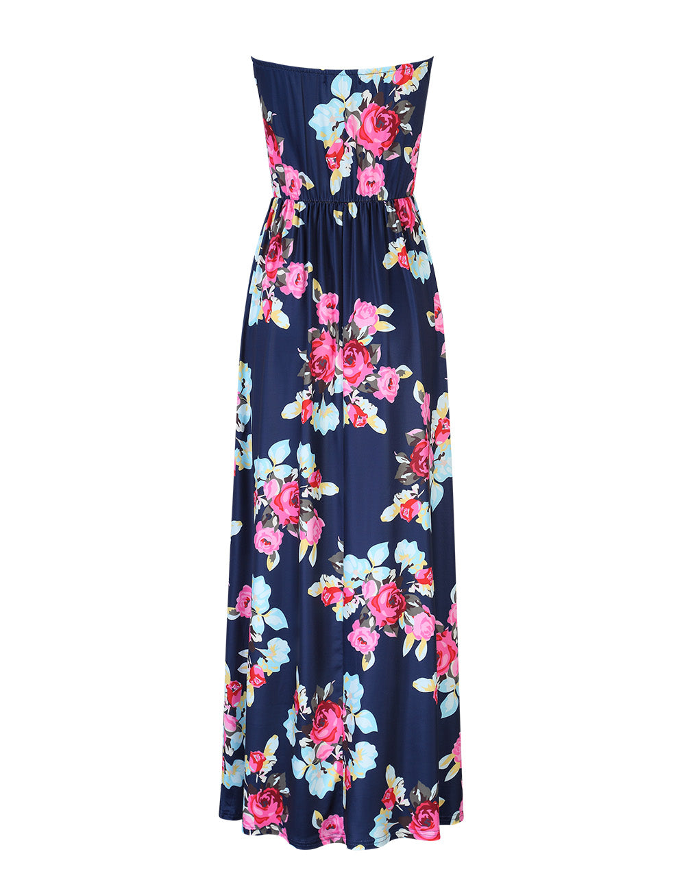 YESFASHION Women's Strapless Graceful Floral Party Maxi Long Dress Dark Blue